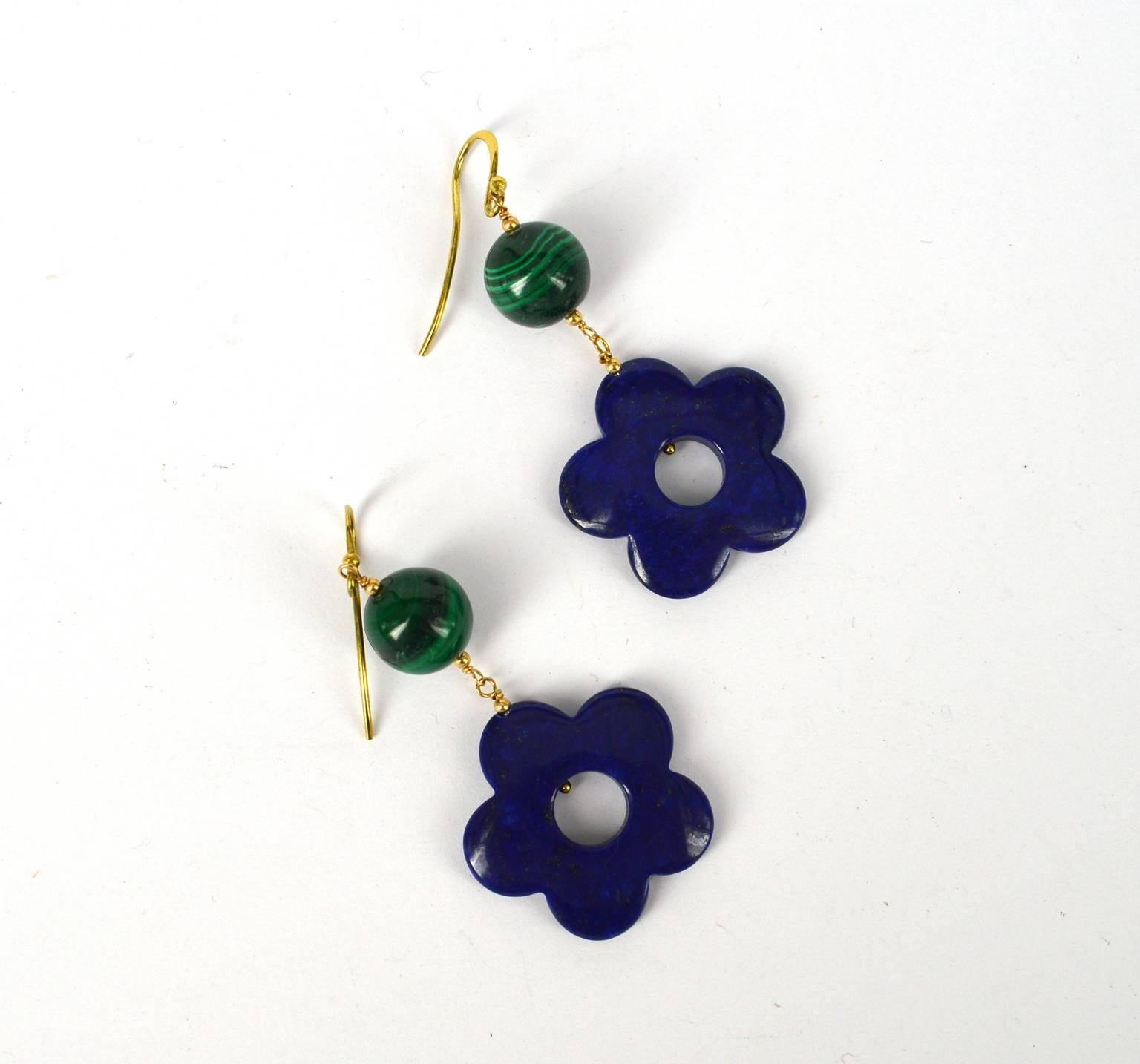 Contemporary Lapis and Malachite Flower Earrings