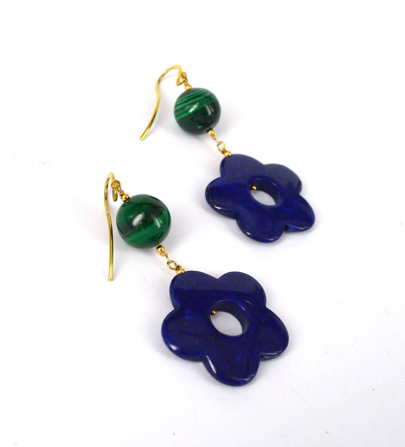 Lapis and Malachite Flower Earrings In New Condition In Sydney, AU