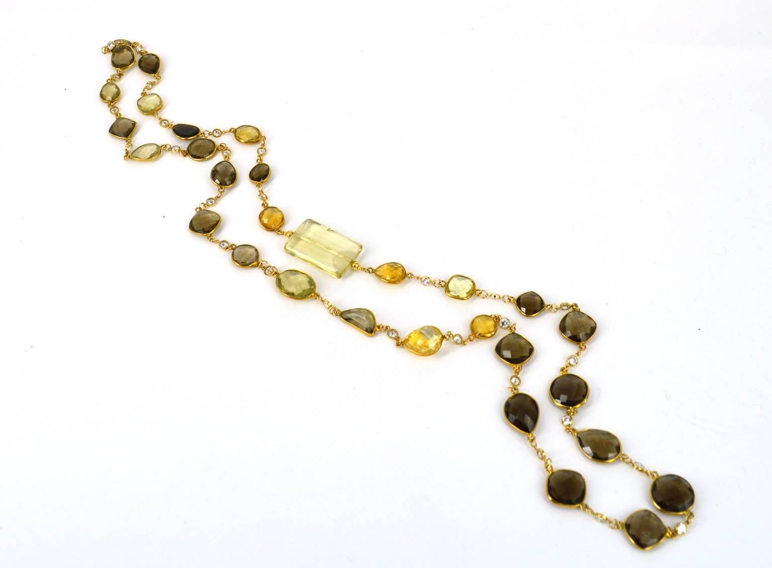 A gorgeous chain of connectors with smokey quartz citrine and lemon quartz. Highlighted with little CZ connectors. 30mm Rectangle Lemon quartz feature bead. Vermeil and 14k gold filled
Total length 102cm so it can be worn double. 