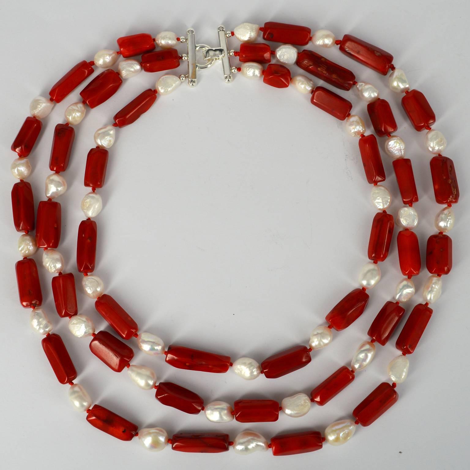 Decadent Jewels Red Sea Bamboo Coral Pearl Three Strand Silver Necklace In New Condition In Sydney, AU