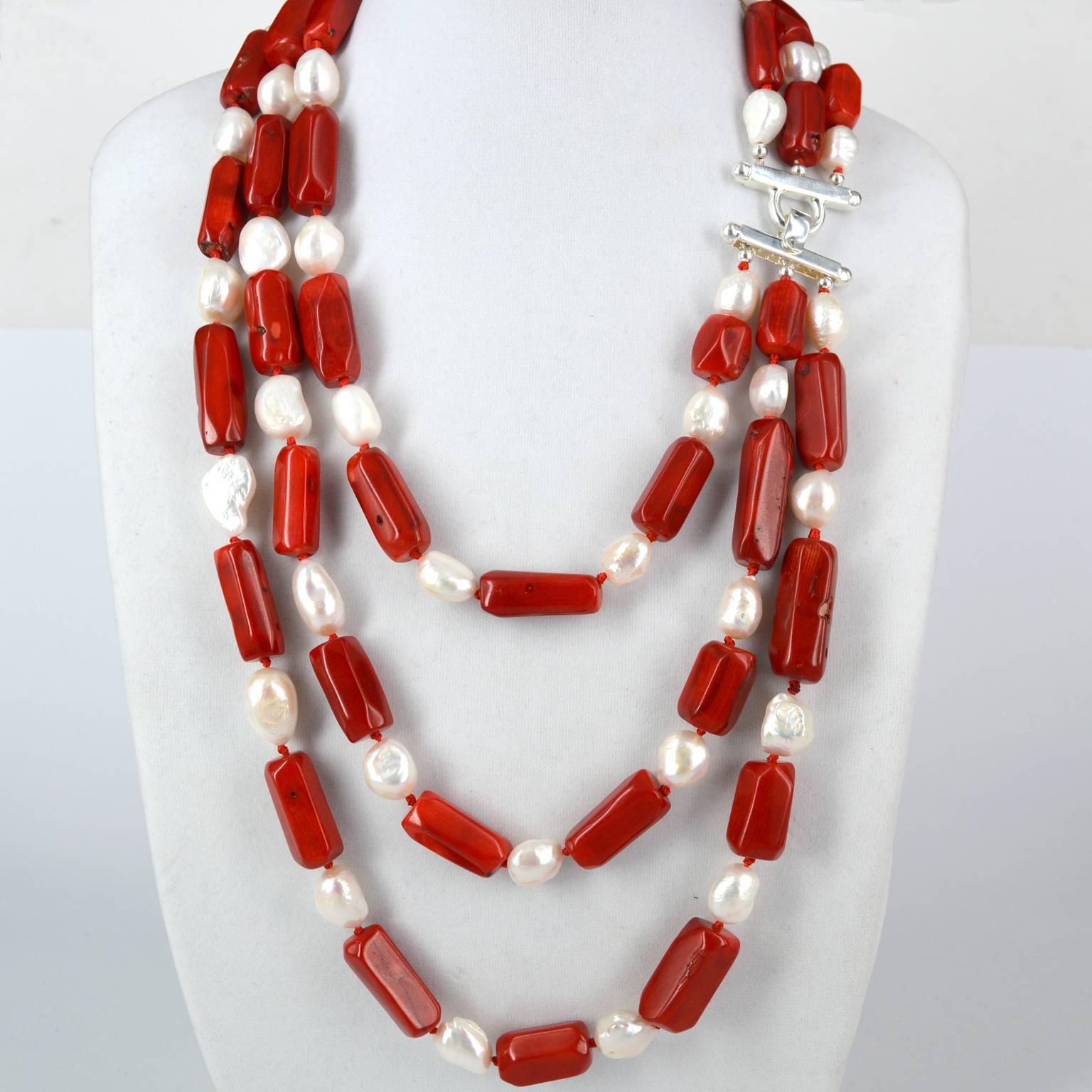 Modern Decadent Jewels Red Sea Bamboo Coral Pearl Three Strand Silver Necklace