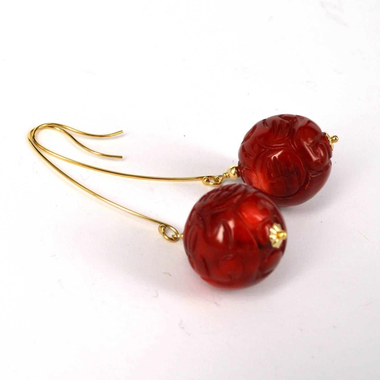 Modern Decadent Jewels Carved Red Coral Gold Earrings