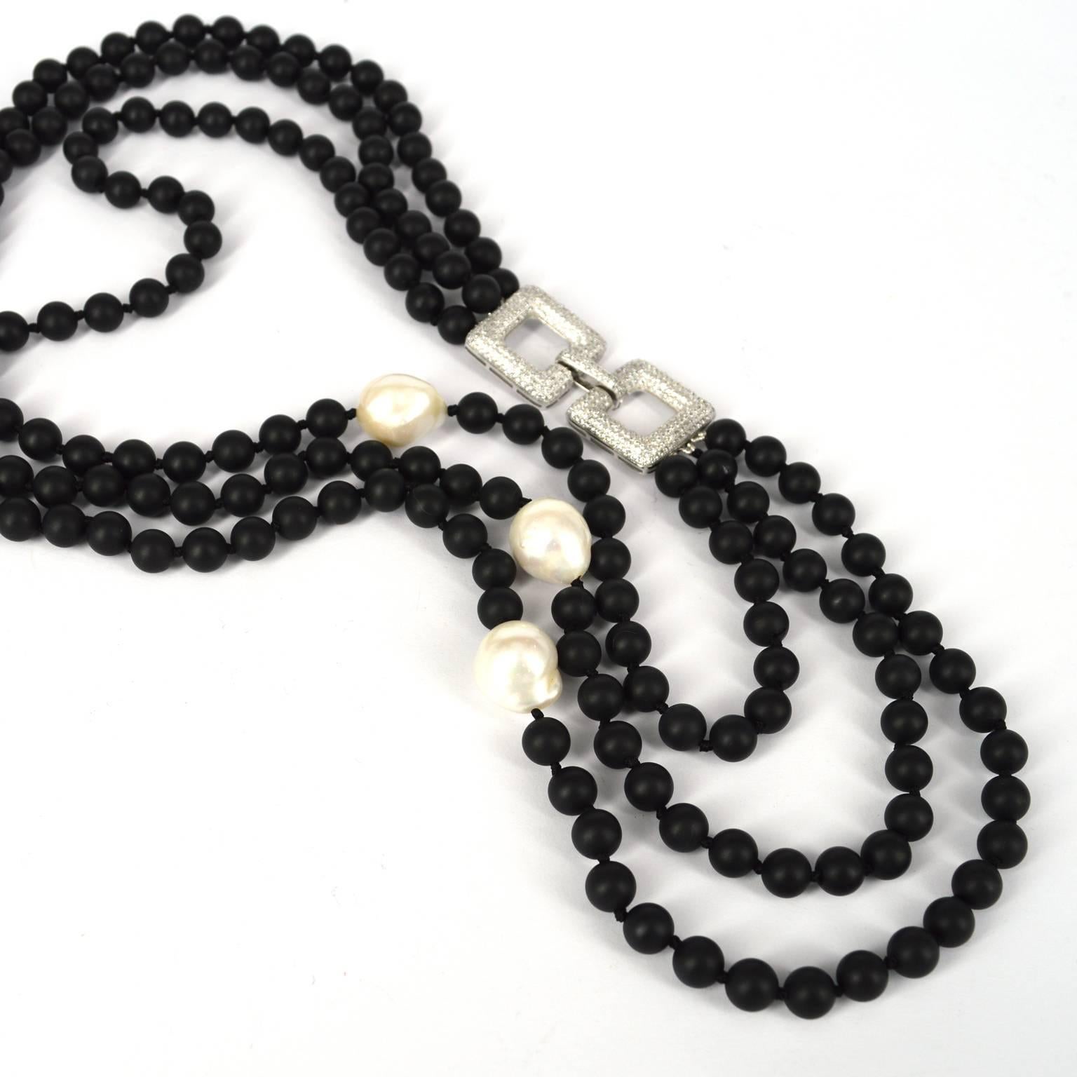 Decadent Jewels Multi Strand Matt Onyx Pearl Silver Necklace In New Condition In Sydney, AU