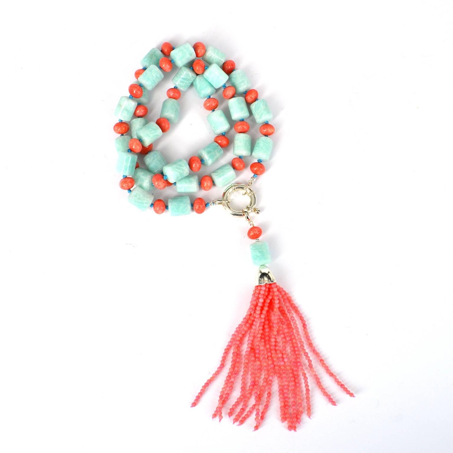 Gorgeous pastels of 13mm Amazonite tubes and 7mm dyed bamboo coral roundels, 2mm coral beads create the  removable tassel. The necklace is finished with a large Sterling Silver bolt clasp.
72cm Necklace with a detachable tassel pendant 12cm long.