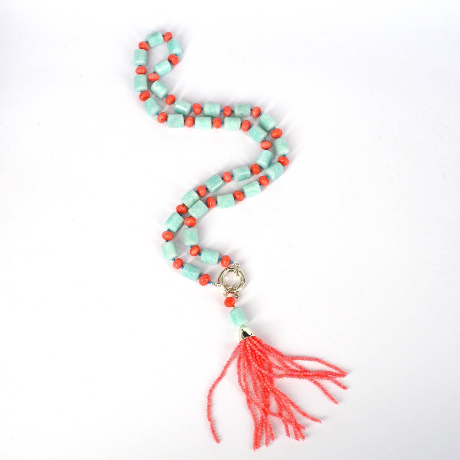 Contemporary Decadent Jewels Amazonite Apricot Coral Sautier Tassel Silver Necklace