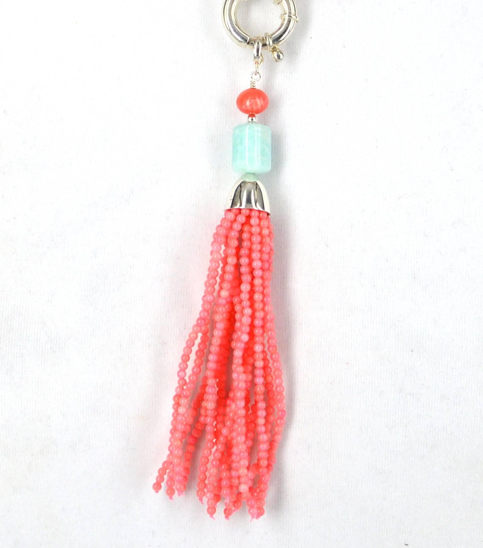 Decadent Jewels Amazonite Apricot Coral Sautier Tassel Silver Necklace In New Condition In Sydney, AU