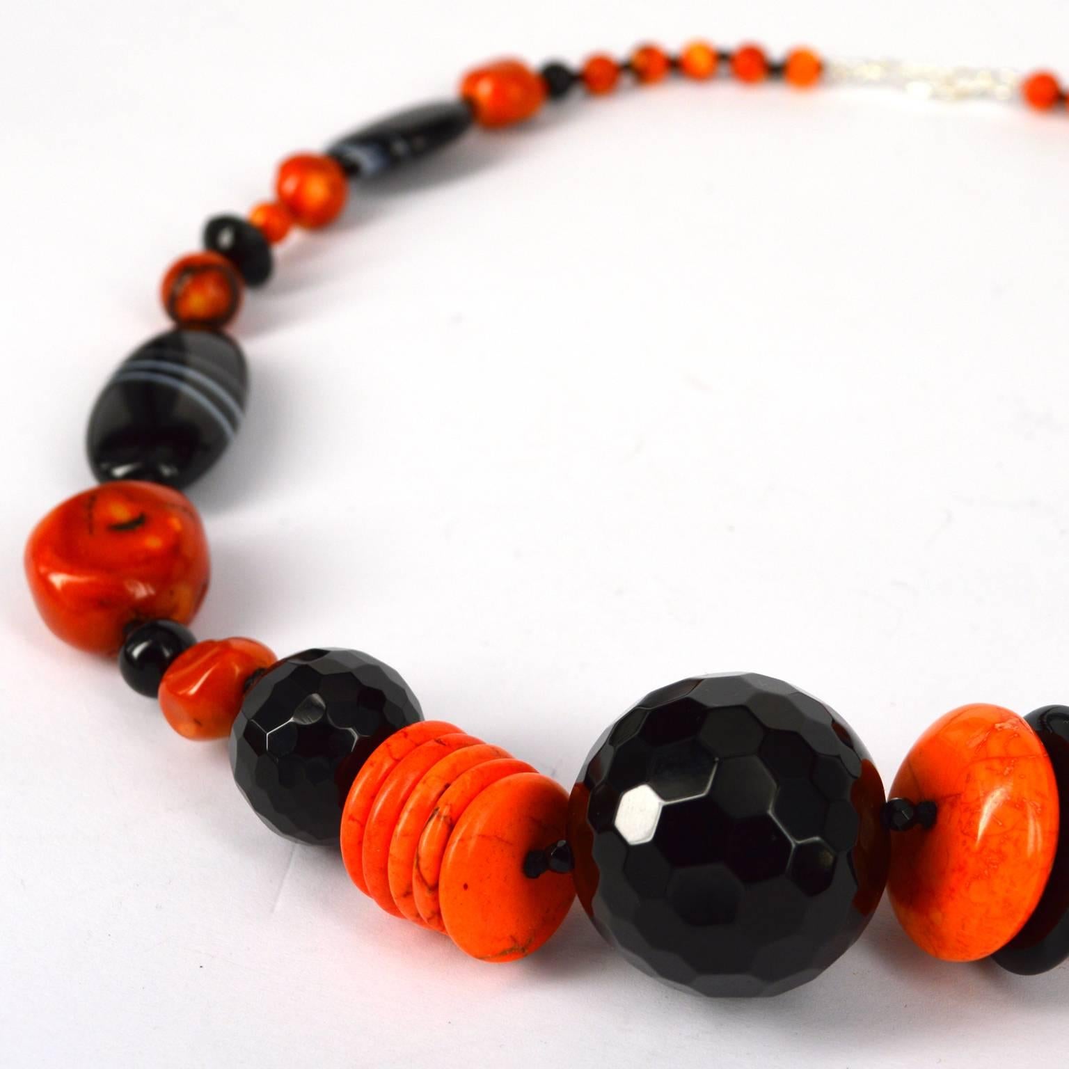 Contemporary Decadent Jewels Bold and Bright Orange Coral Agate Silver and Necklace