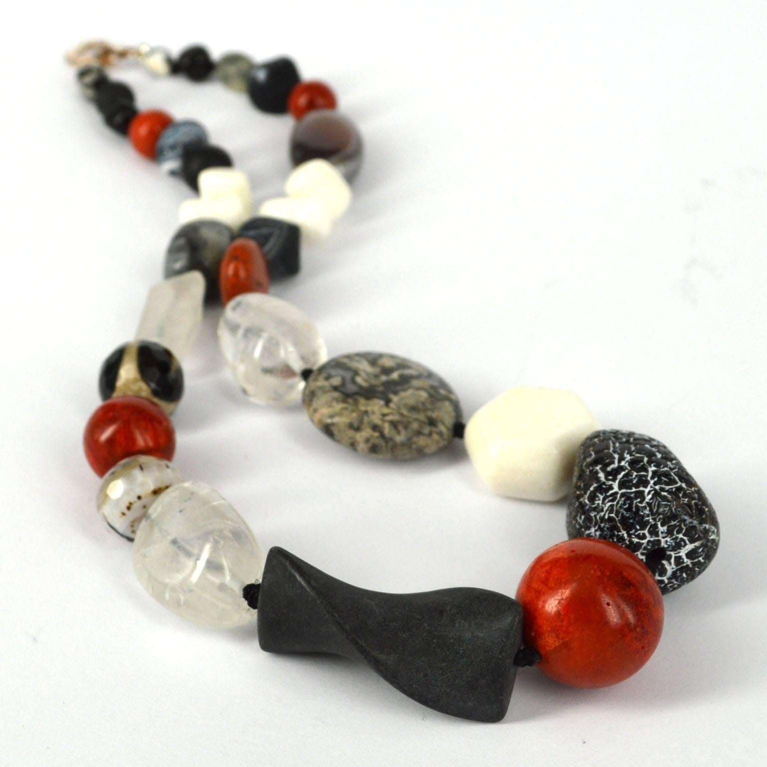 Modernist Decadent Jewels sea Bamboo Agate Lava Clear Quartz Jasper Silver Necklace For Sale