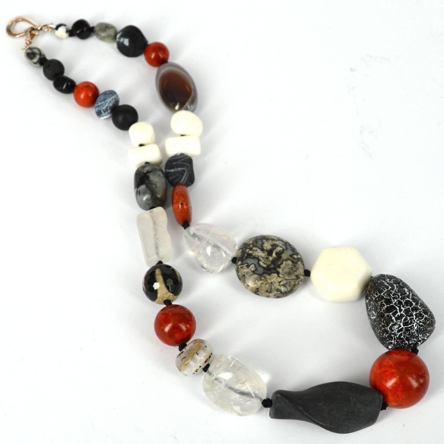 Bead Decadent Jewels sea Bamboo Agate Lava Clear Quartz Jasper Silver Necklace For Sale