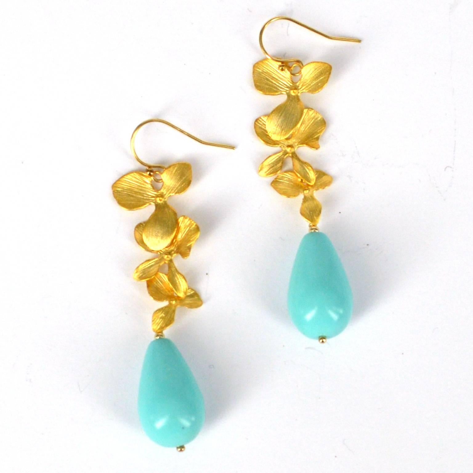 Modern Decadent Jewels Orchid Turquoise Drop Gold Earrings