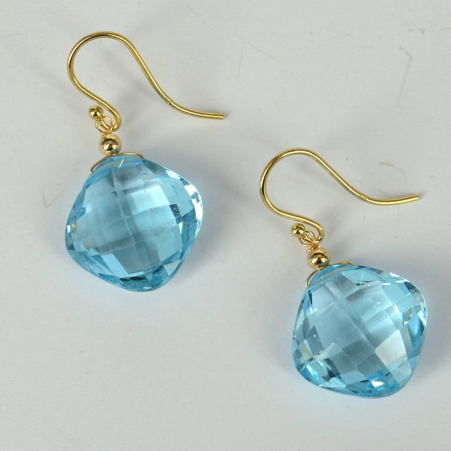 Modern Decadent Jewels Checker Board Cut Blue Topaz 14 Karat Gold Earrings For Sale