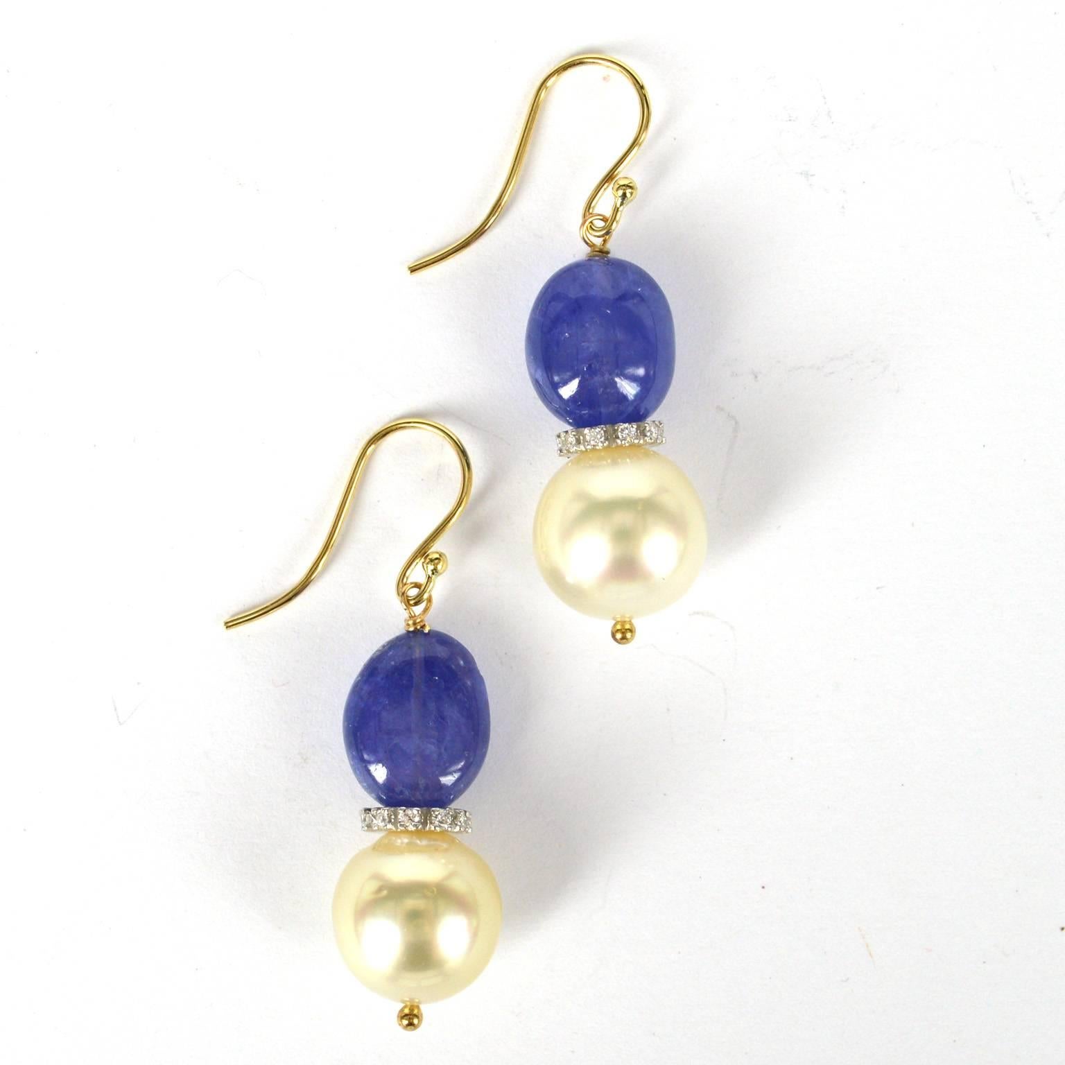 Modern Decadent Jewels Tanzanite South Sea Pearl Diamond Gold Earrings