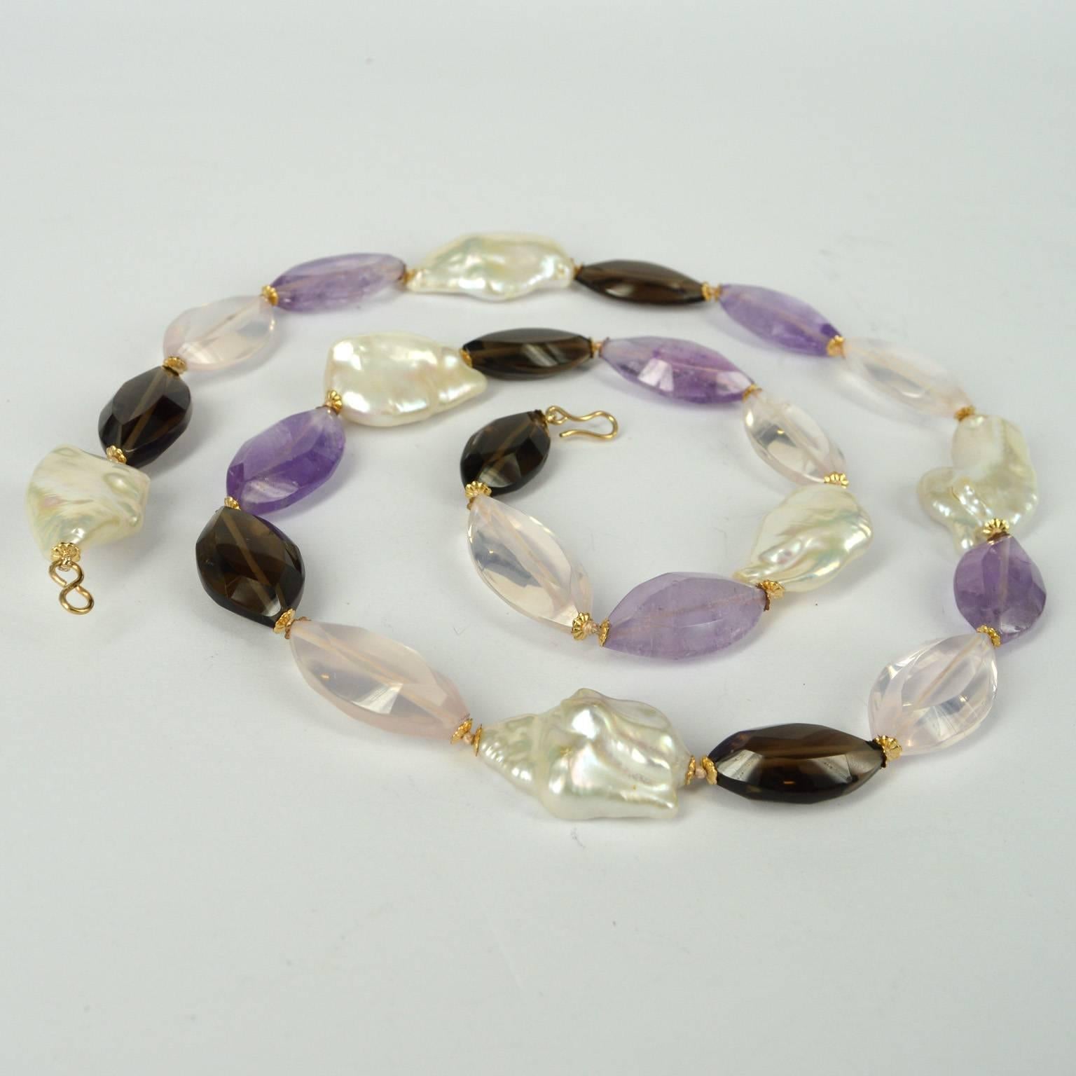 Modern Decadent Jewels Amethyst Smokey Quartz Rose Quartz Ellipse Pearl Gold Necklace For Sale