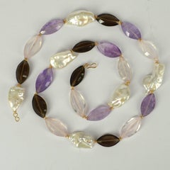 Decadent Jewels Amethyst Smokey Quartz Rose Quartz Ellipse Pearl Gold Necklace
