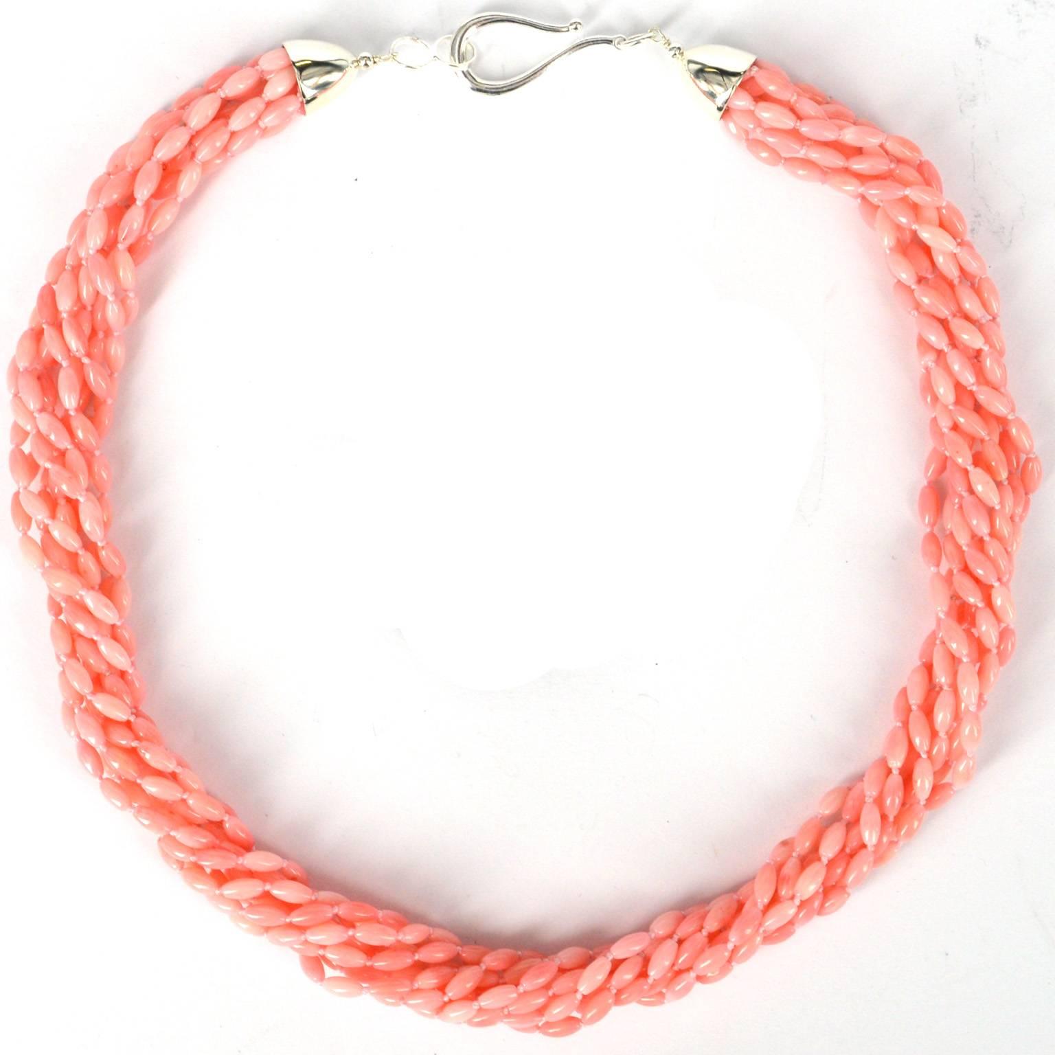 Contemporary Decadent Jewels Nine Strand Apricot Coral Sterling Silver Necklace For Sale