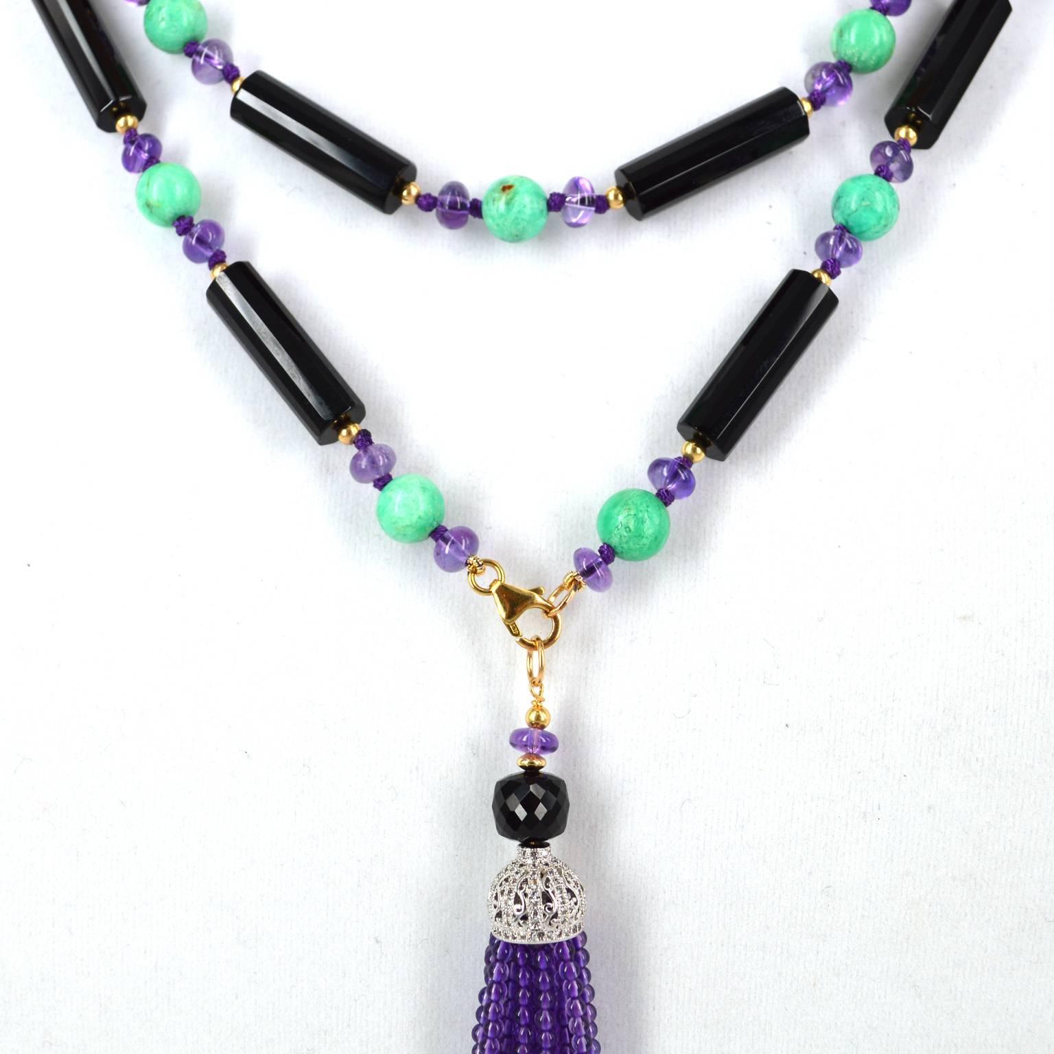 Stunning Sautoir Necklace with detachable tassel, necklace is made from faceted Onyx tubes 7x24mm and is spaced with 3mm 14k Gold Filled beads 6x4mm polished Amethyst roundels and 8mm Australian Chrysophase, hand knotted on purple thread. Detachable
