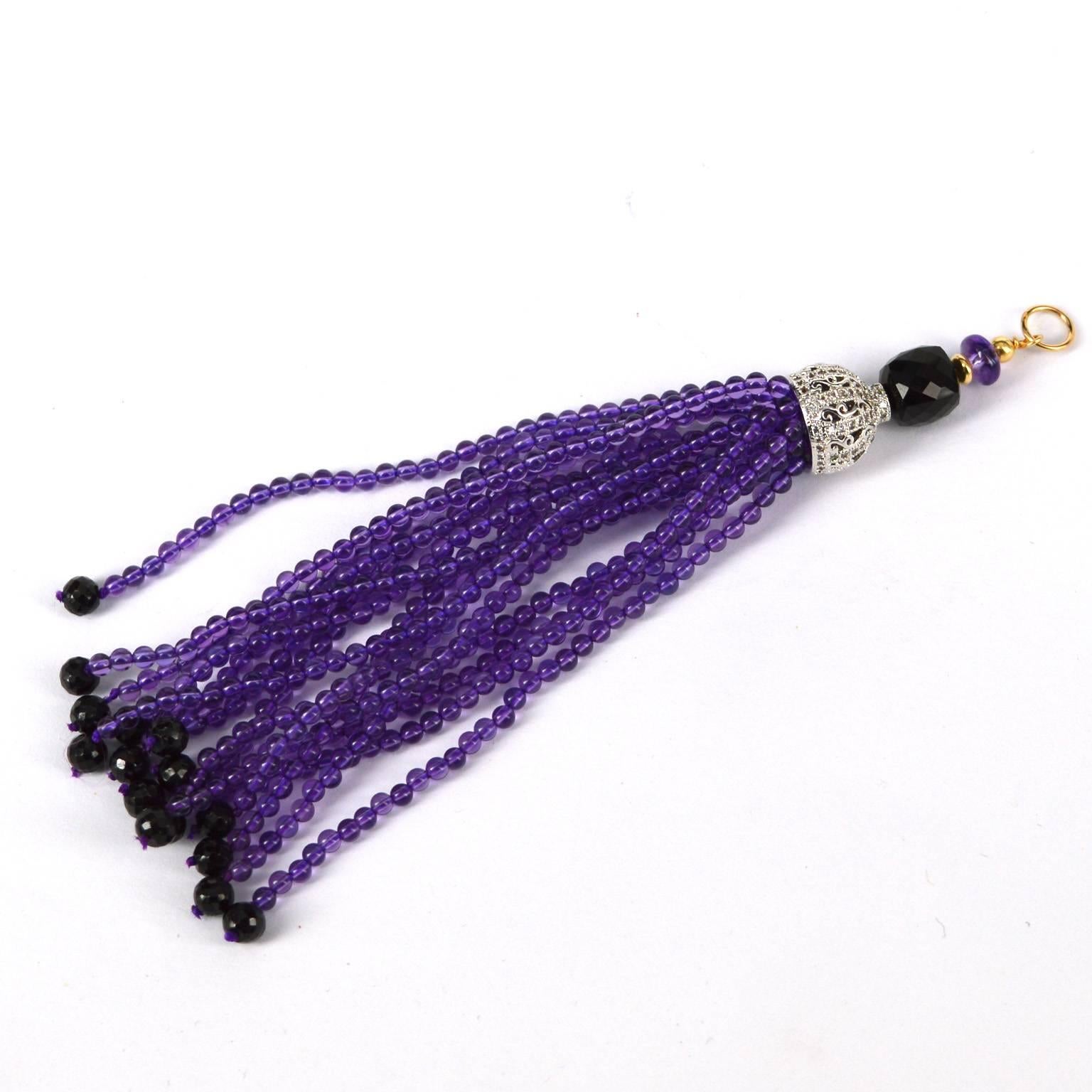 Artisan Decadent Jewels Amethyst Chrysophase Spinal Onyx Sautoir Tassel Gold filled For Sale