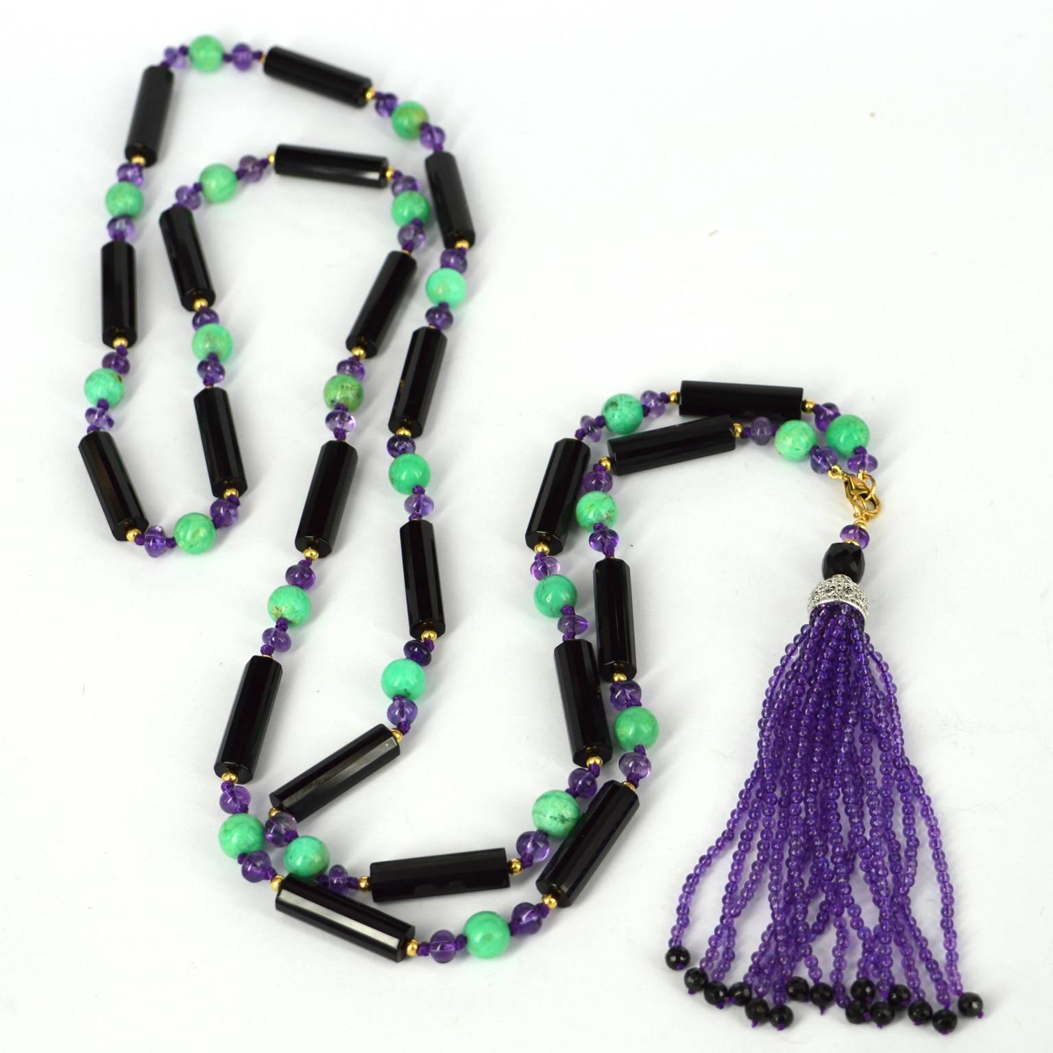 Decadent Jewels Amethyst Chrysophase Spinal Onyx Sautoir Tassel Gold filled In New Condition For Sale In Sydney, AU