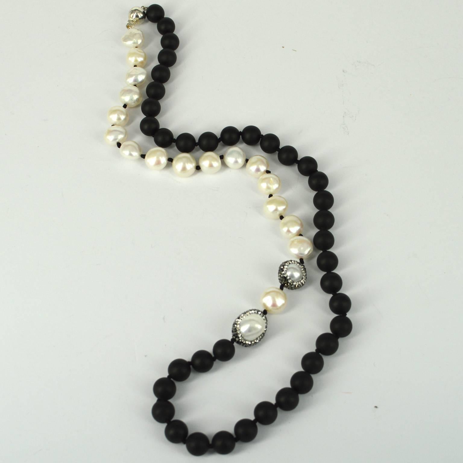 Women's Decadent Jewels Matt Onyx Pearl Black and White Silver Necklace