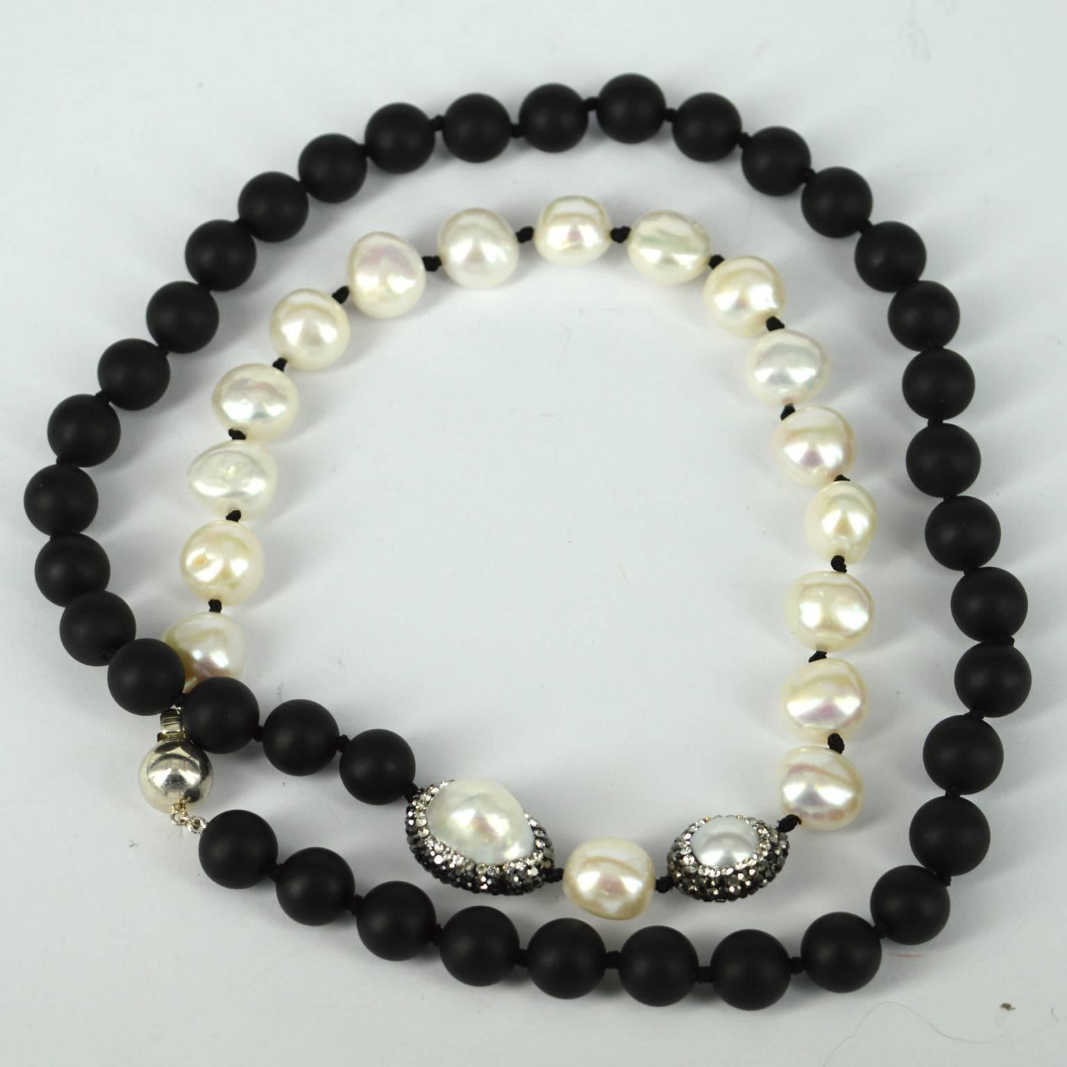 Modern Decadent Jewels Matt Onyx Pearl Black and White Silver Necklace
