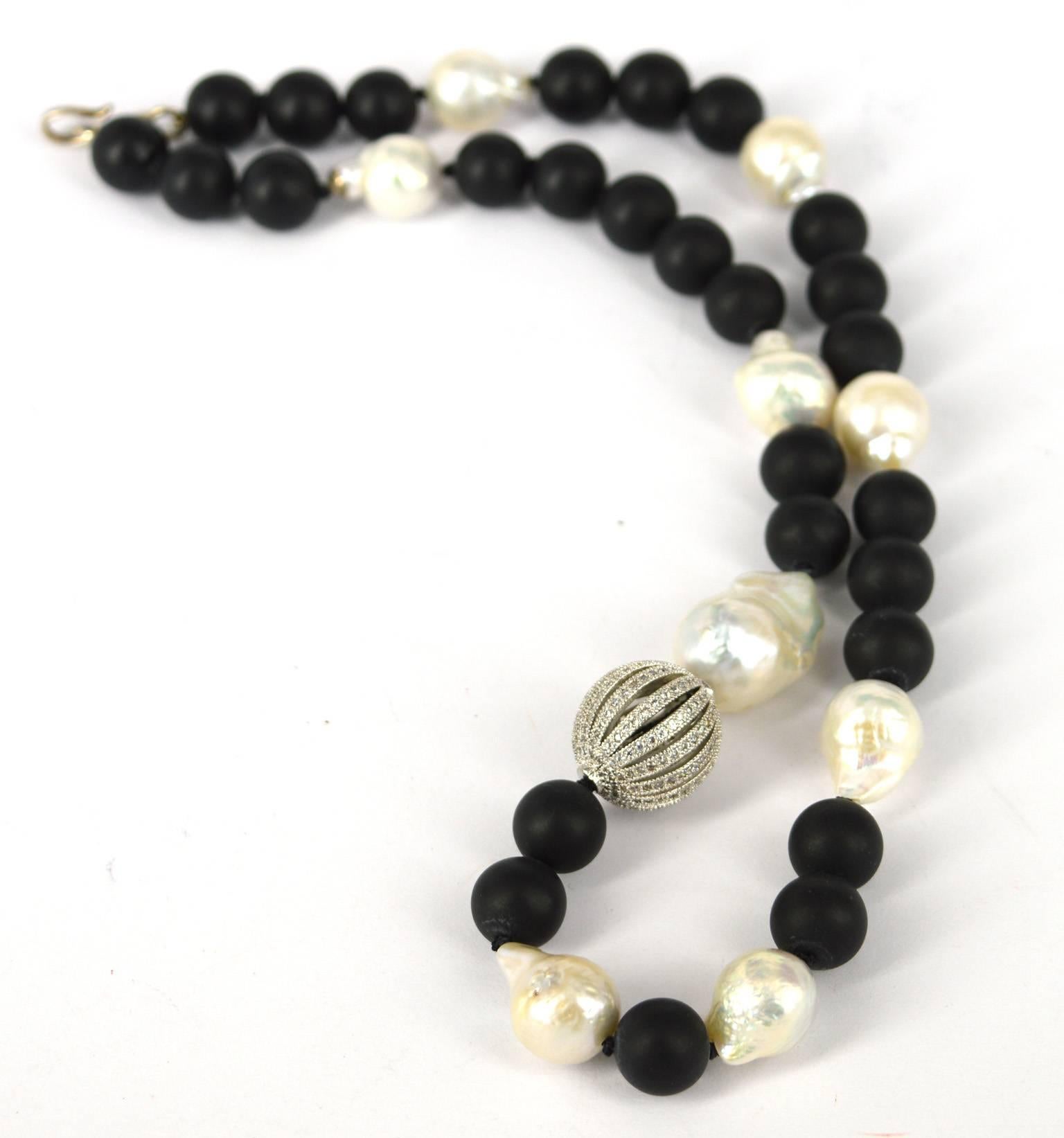 Contemporary Decadent Jewels Matt Onyx Fresh Water Pearl CZ Sterling Silver Necklace