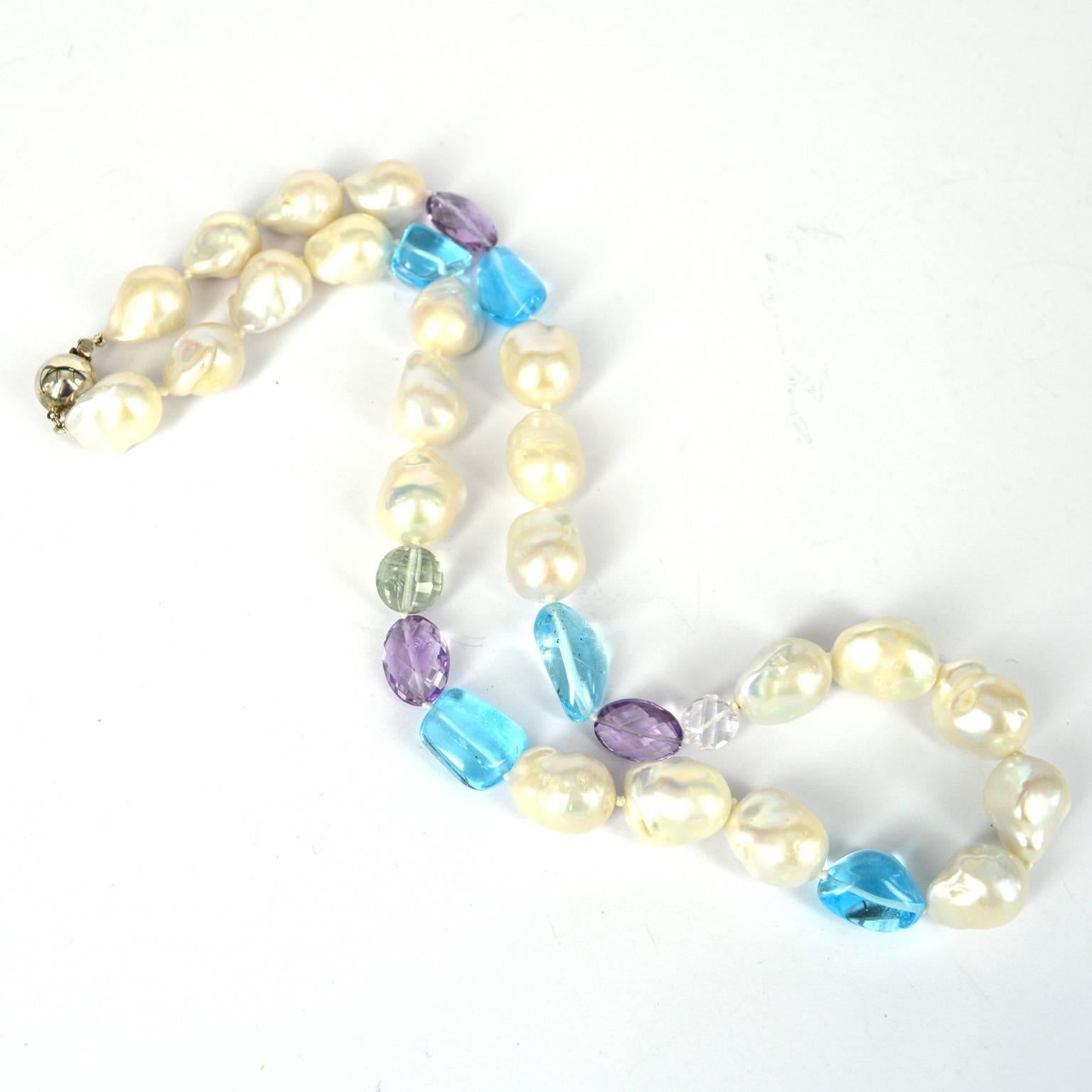 Contemporary Decadent Jewels Blue Topaz Amethyst and Fresh Water Pearl Silver Necklace For Sale