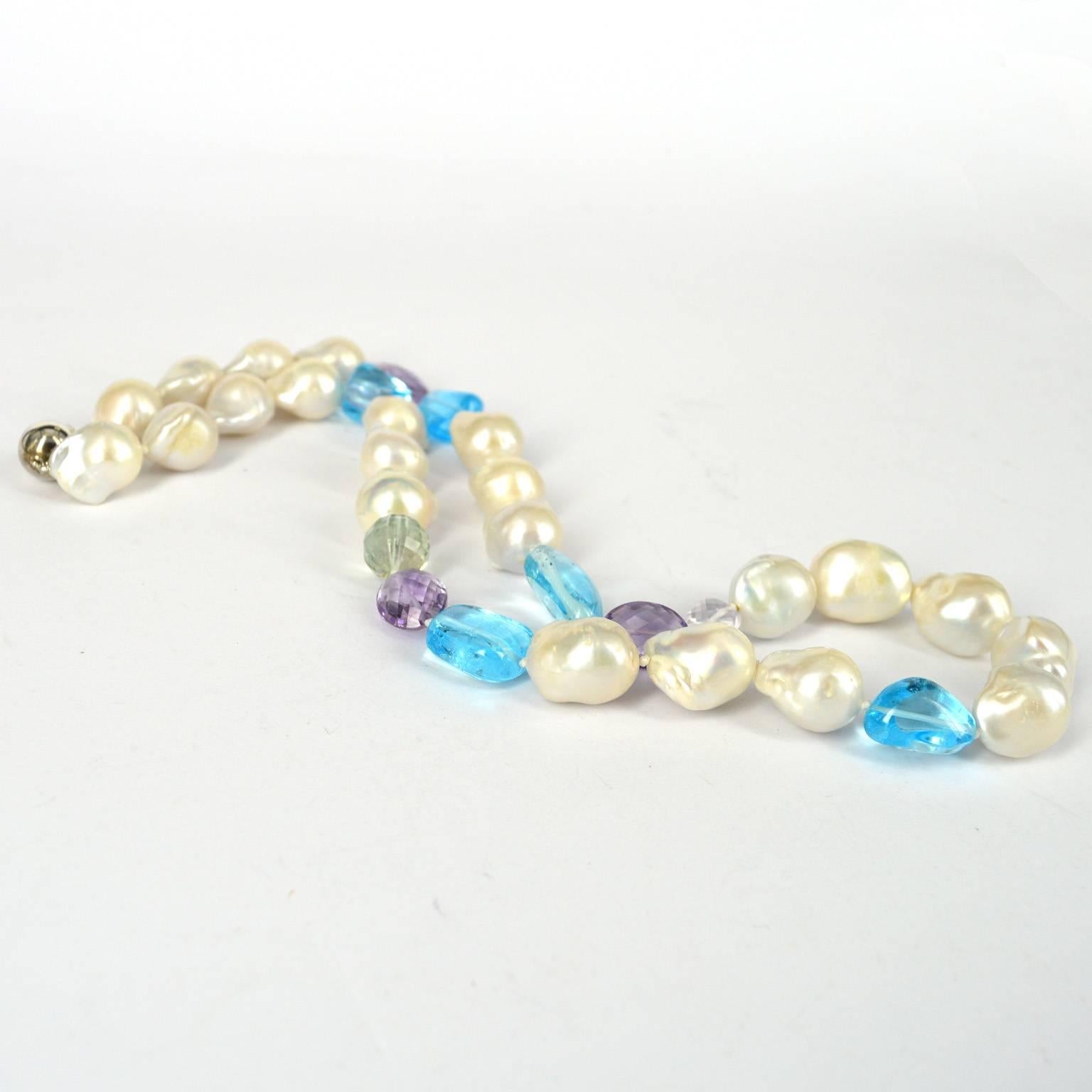 Decadent Jewels Blue Topaz Amethyst and Fresh Water Pearl Silver Necklace In New Condition For Sale In Sydney, AU