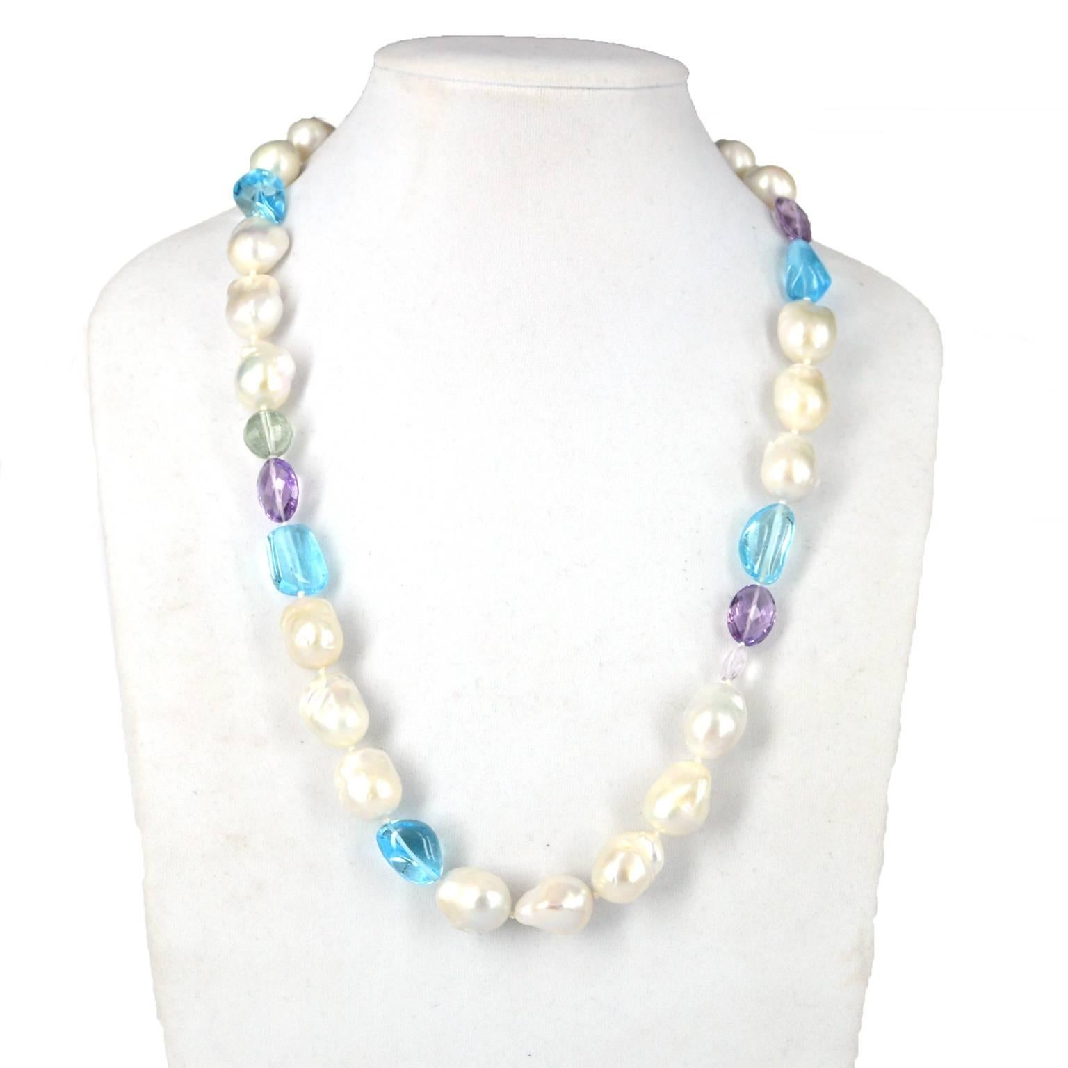 Women's Decadent Jewels Blue Topaz Amethyst and Fresh Water Pearl Silver Necklace For Sale