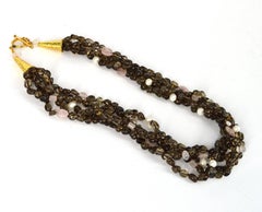 Decadent Jewels Smokey Rose Quartz Pearl Torsade Gold Necklace