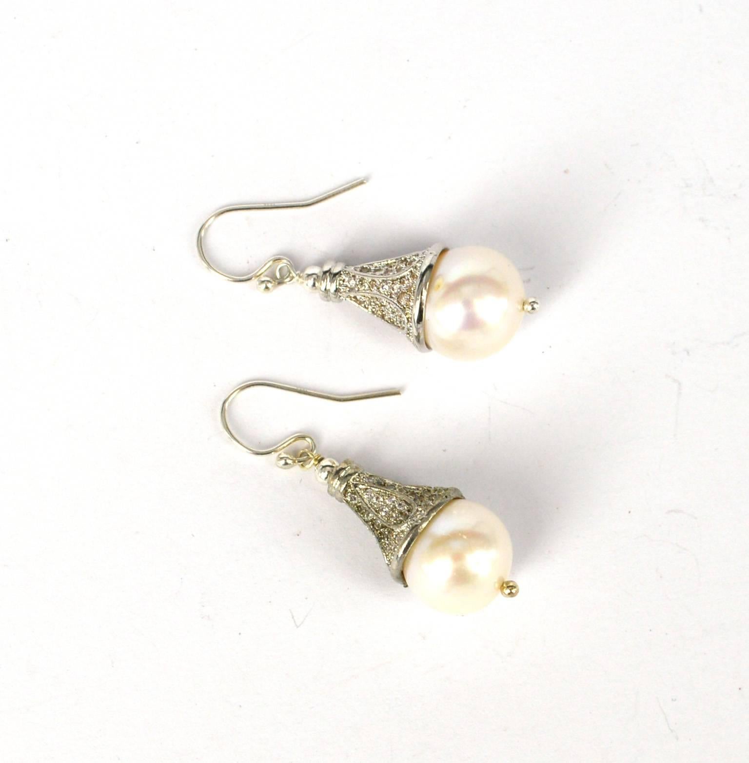 Contemporary Decadent Jewels Fresh Water Pearl and CZ Silver Earrings