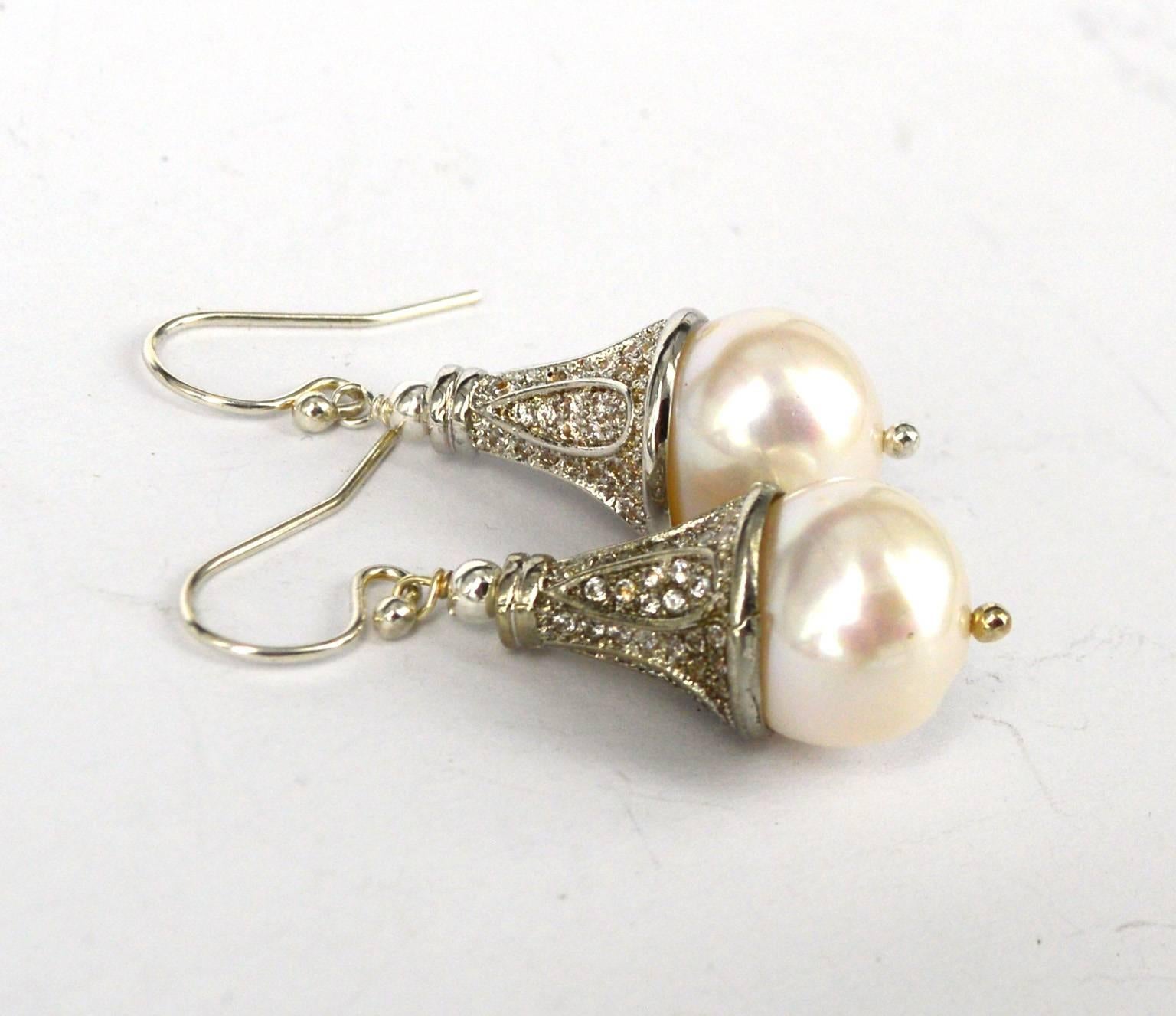Decadent Jewels Fresh Water Pearl and CZ Silver Earrings In New Condition In Sydney, AU