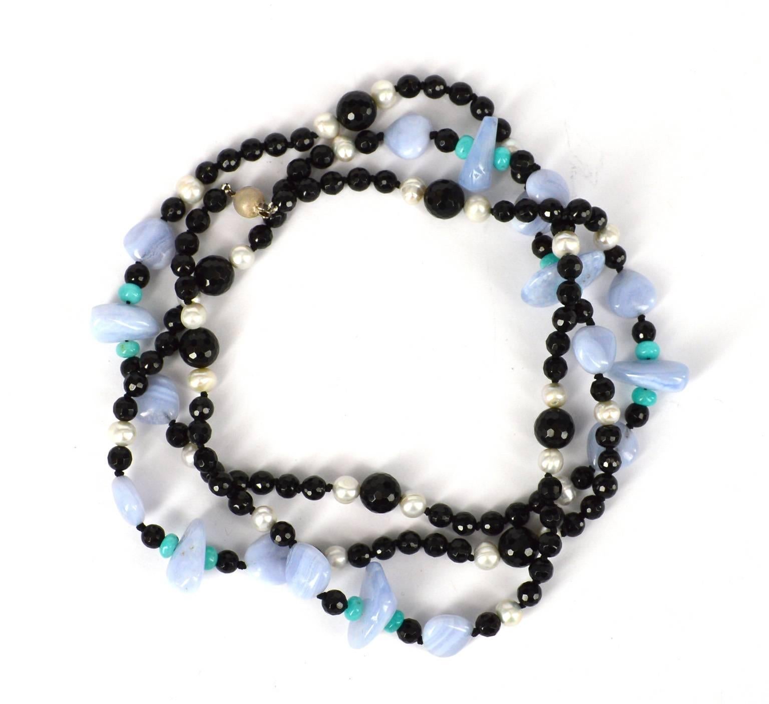 Contemporary Decadent Jewels Onyx Blue Lace Agate Fresh Water Pearl Amazonite Silver Necklace