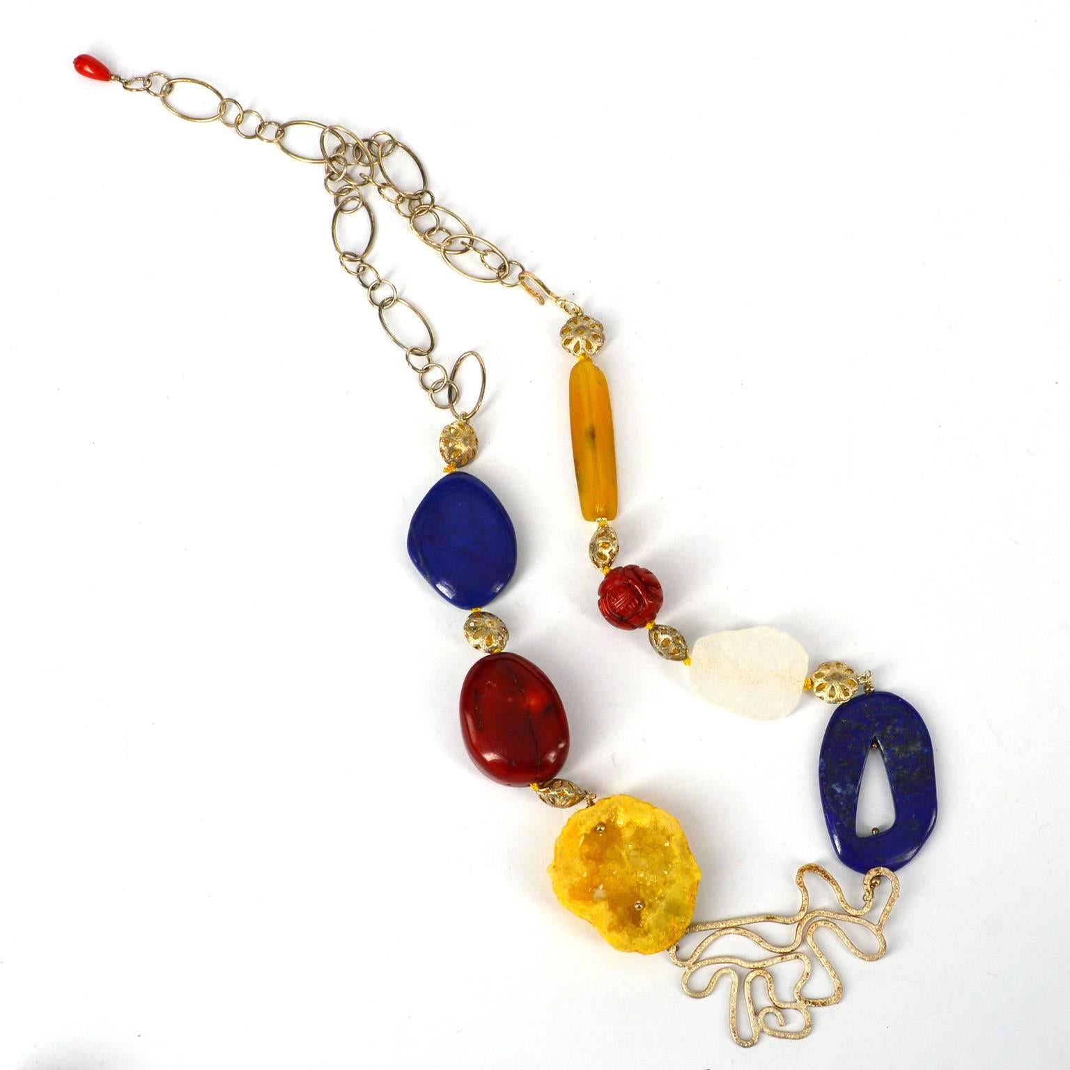 Decadent Jewels Lapis Lazuli Coral Agate Silver Necklace In New Condition In Sydney, AU