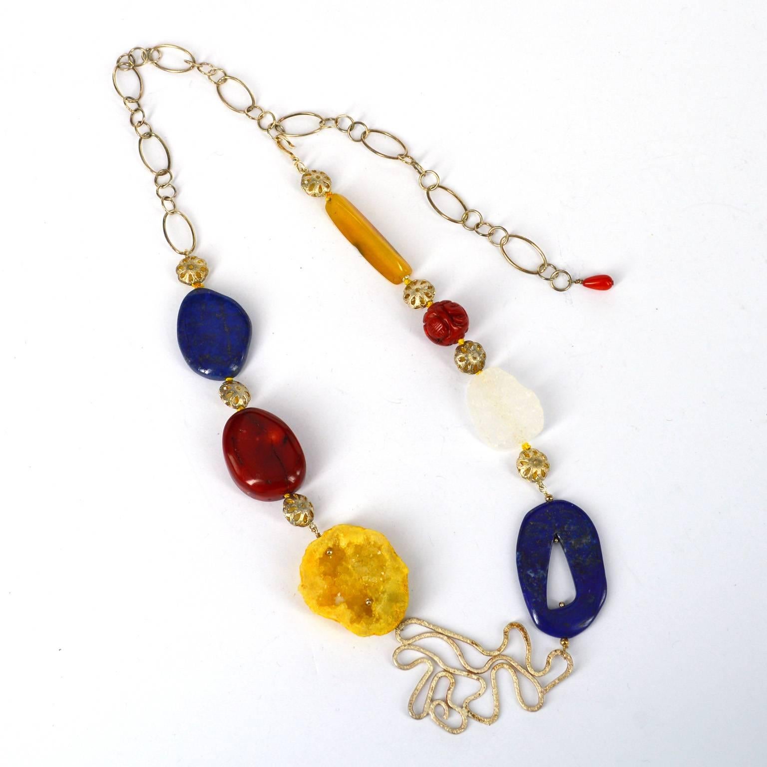 Contemporary Decadent Jewels Lapis Lazuli Coral Agate Silver Necklace