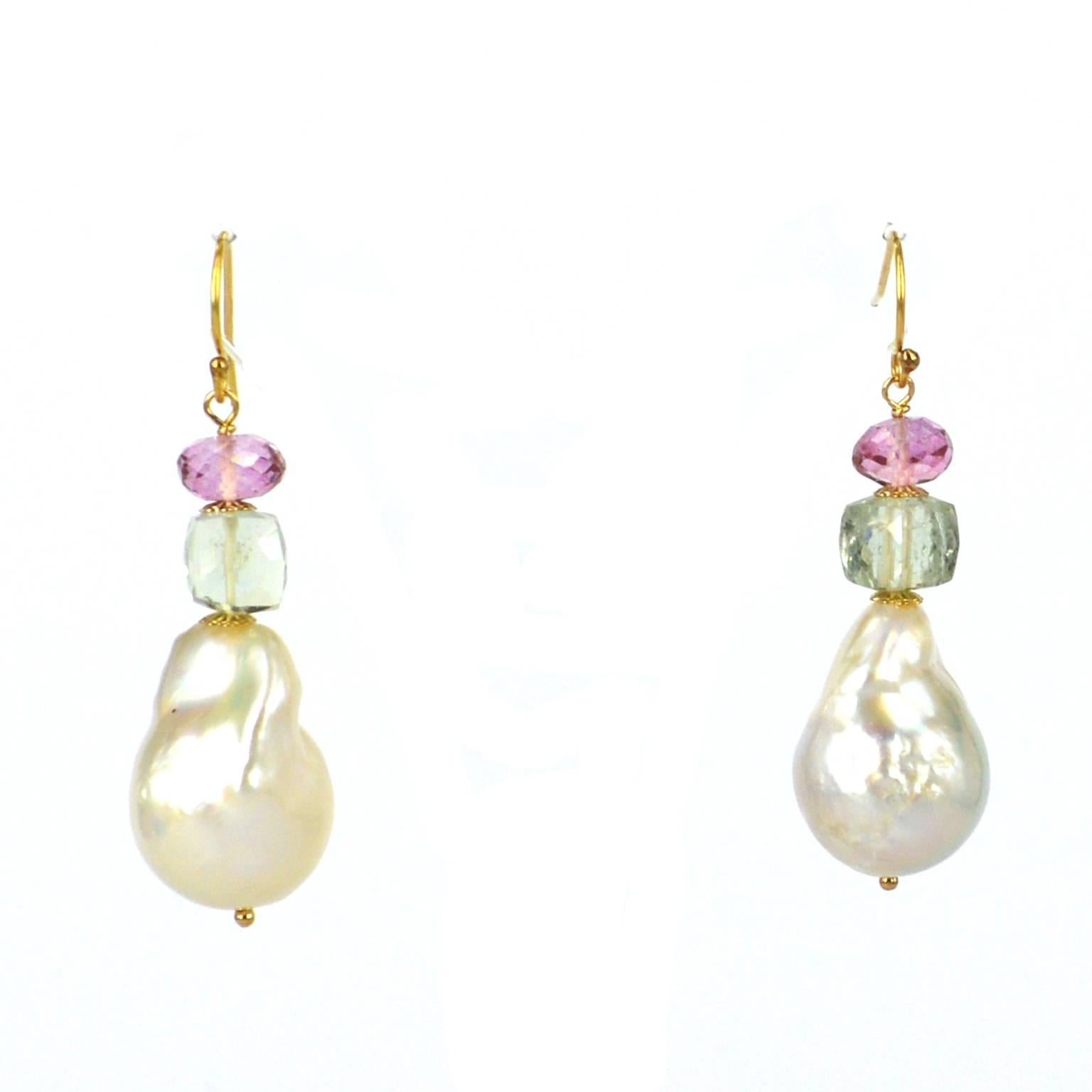 Decadent Jewels Baroque Pearl Green Amethyst Pink Topaz Gold Earrings In New Condition In Sydney, AU