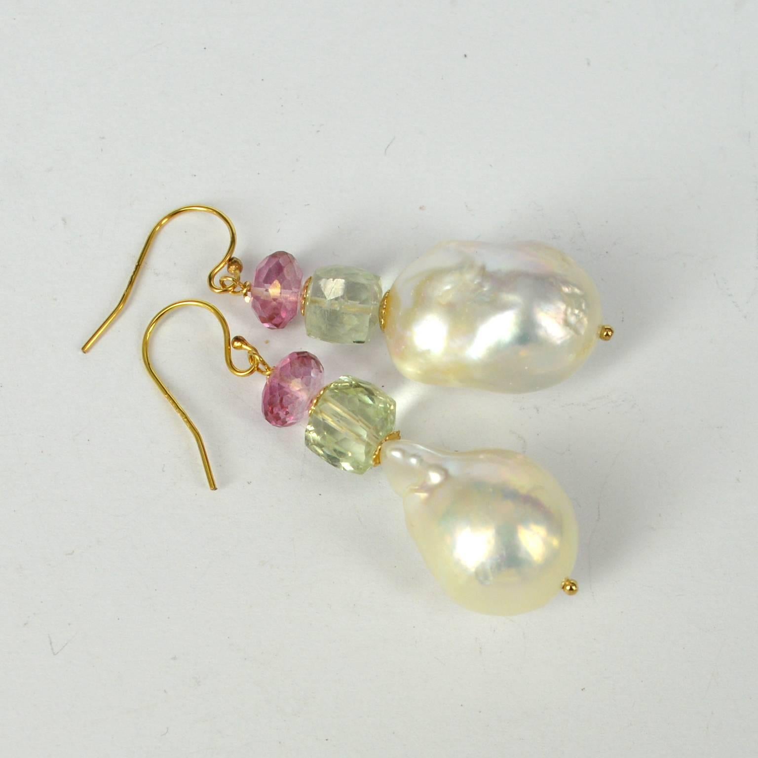 Artisan Decadent Jewels Baroque Pearl Green Amethyst Pink Topaz Gold Earrings