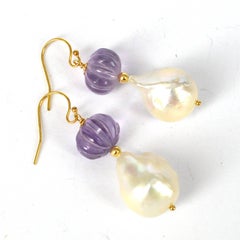Decadent Jewels Carved Amethyst Baroque Pearl Gold Earrings