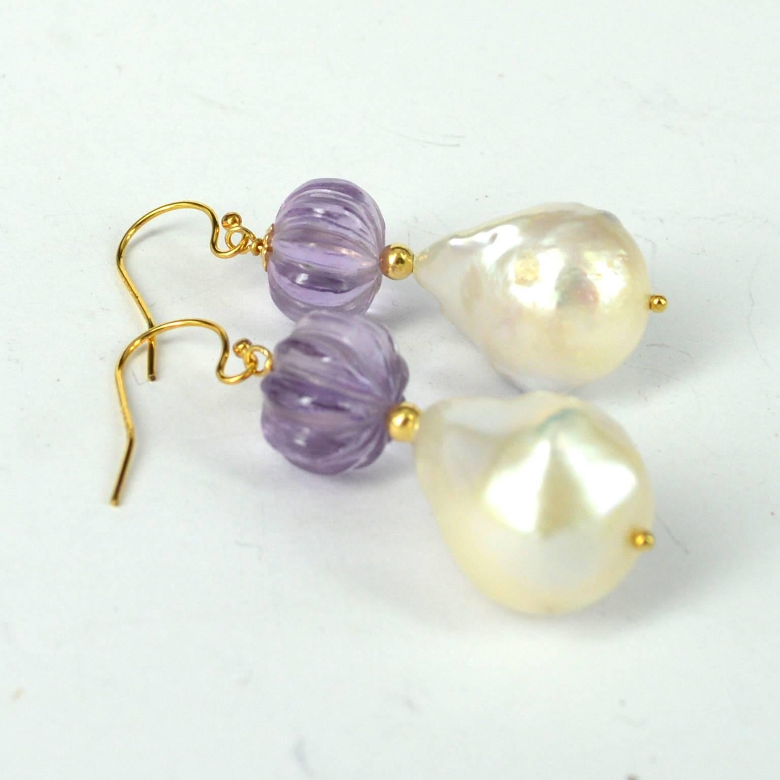 Contemporary Decadent Jewels Carved Amethyst Baroque Pearl Gold Earrings For Sale
