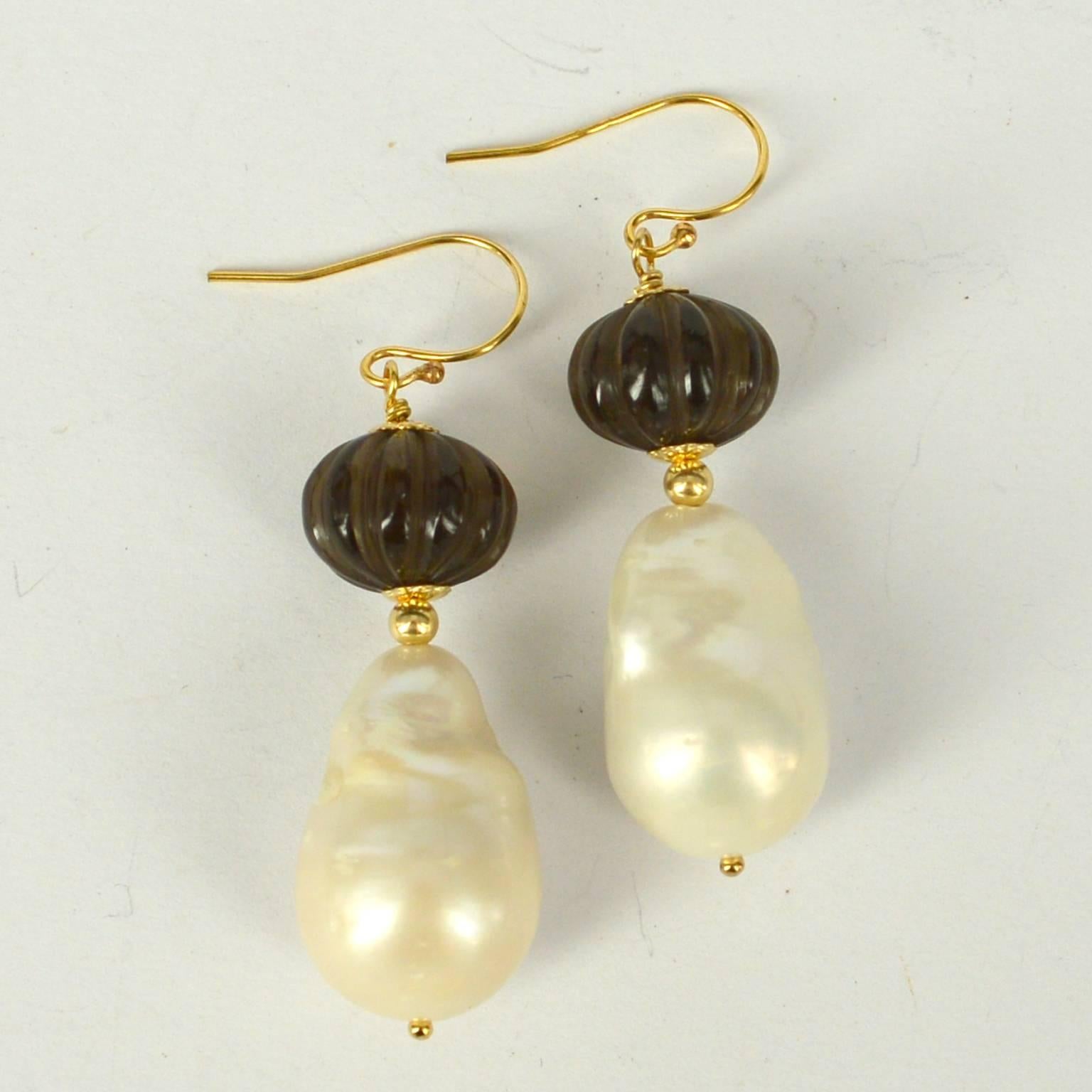 Artisan Decadent Jewels Carved Smokey Quartz Baroque Pearl Gold Earrings