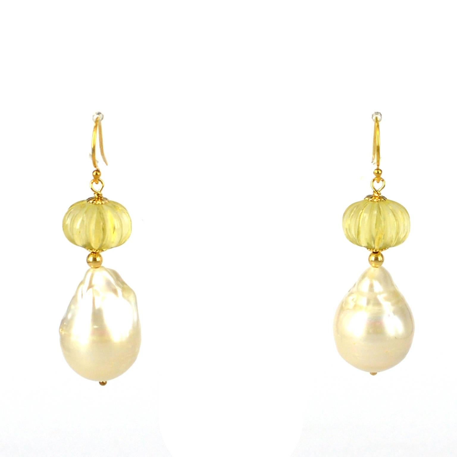 Artisan Decadent Jewels Carved Lemon Quartz Baroque Pearl Gold Earrings