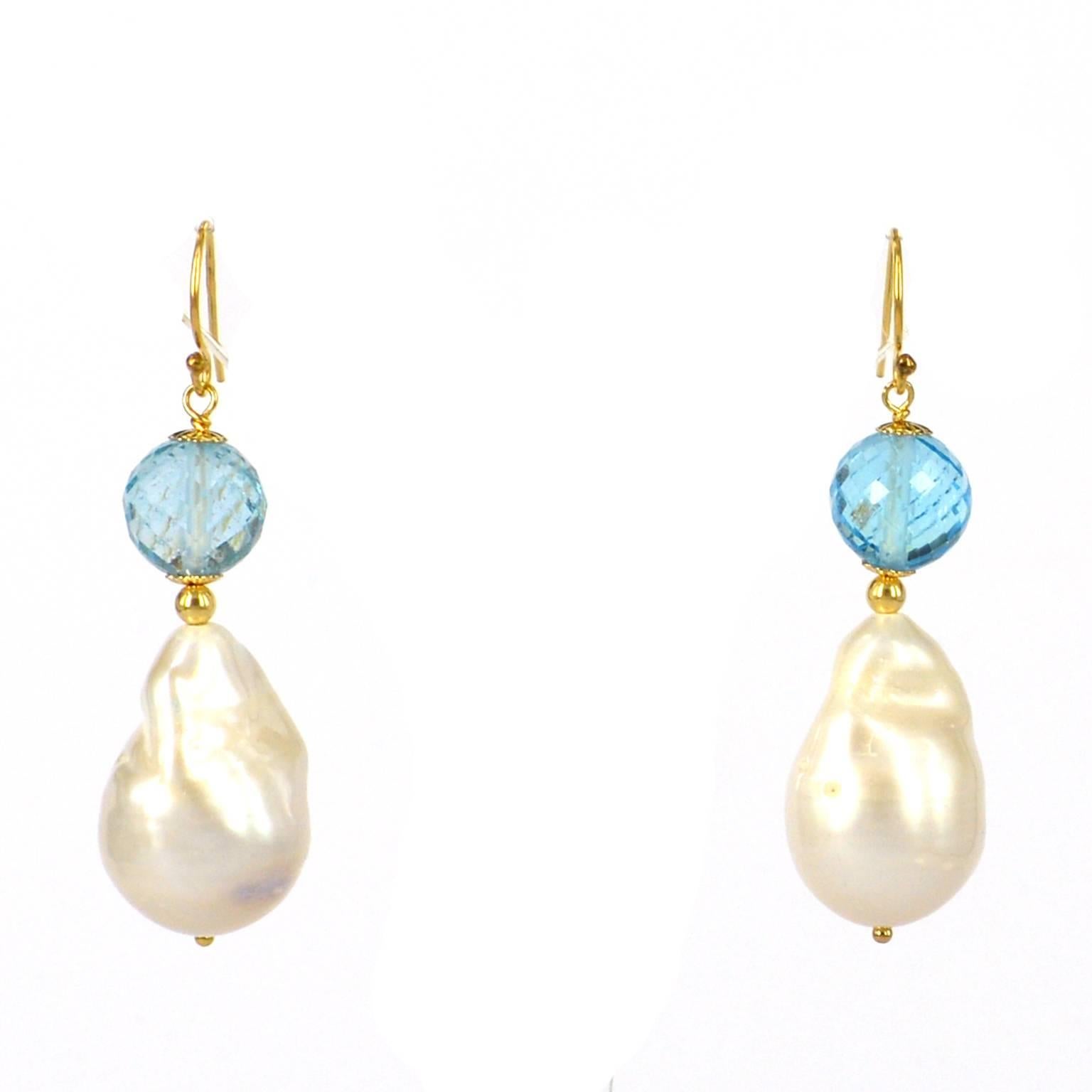 Decadent Jewels Blue Topaz Baroque Pearl Gold Earrings In New Condition In Sydney, AU