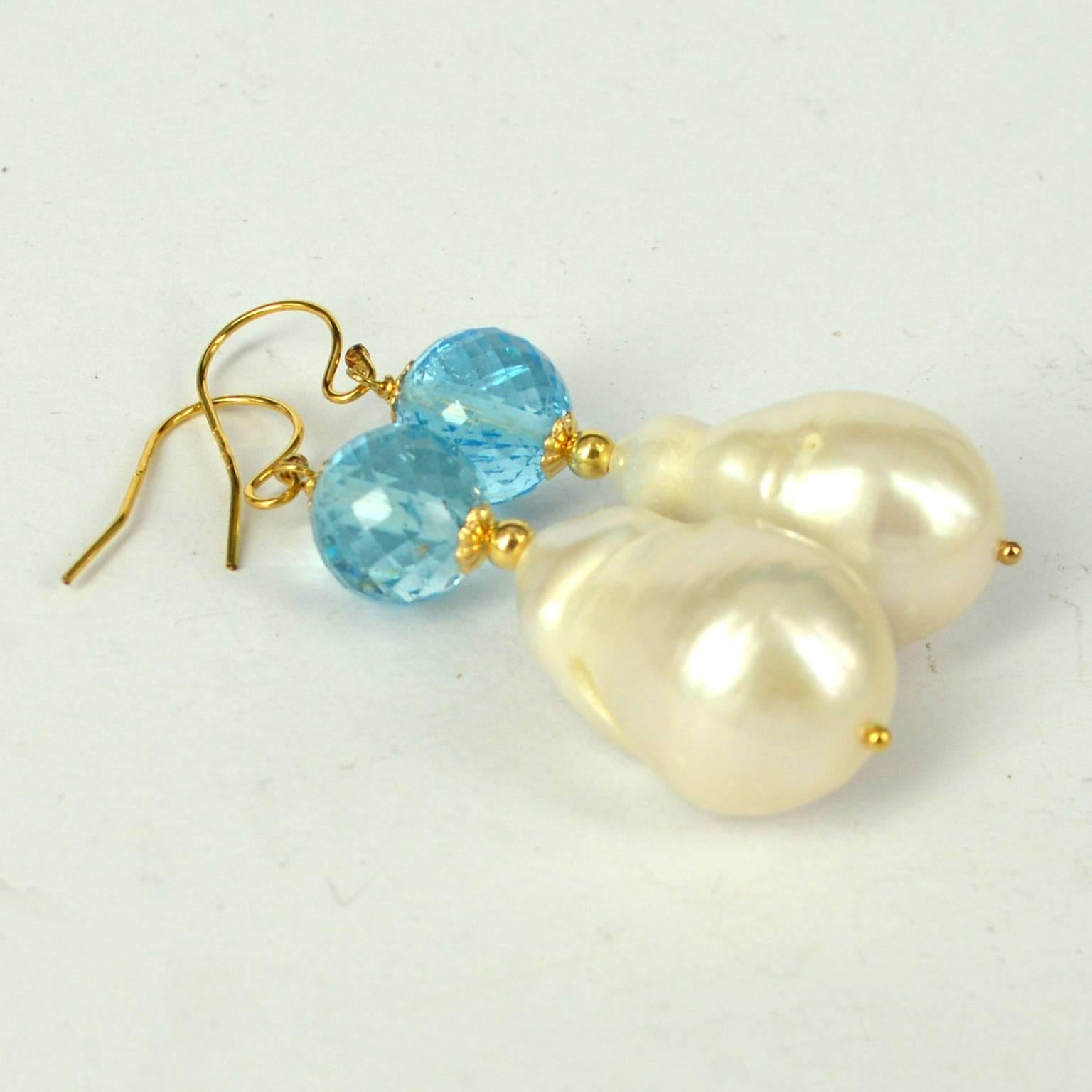 Modern Decadent Jewels Blue Topaz Baroque Pearl Gold Earrings
