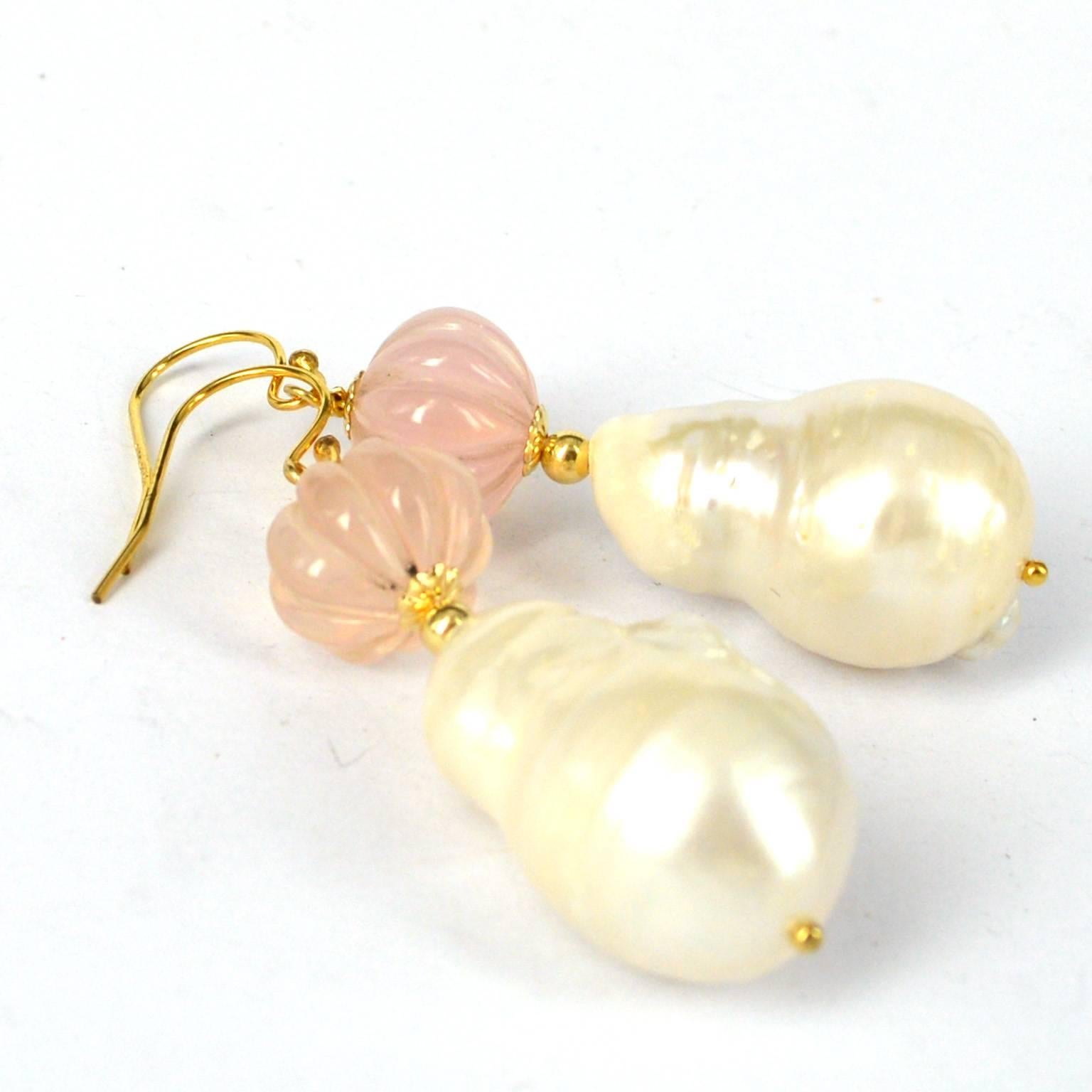 Artisan Decadent Jewels Carved Rose Quartz Baroque Pearl Gold Earrings