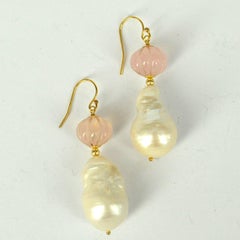 Decadent Jewels Carved Rose Quartz Baroque Pearl Gold Earrings