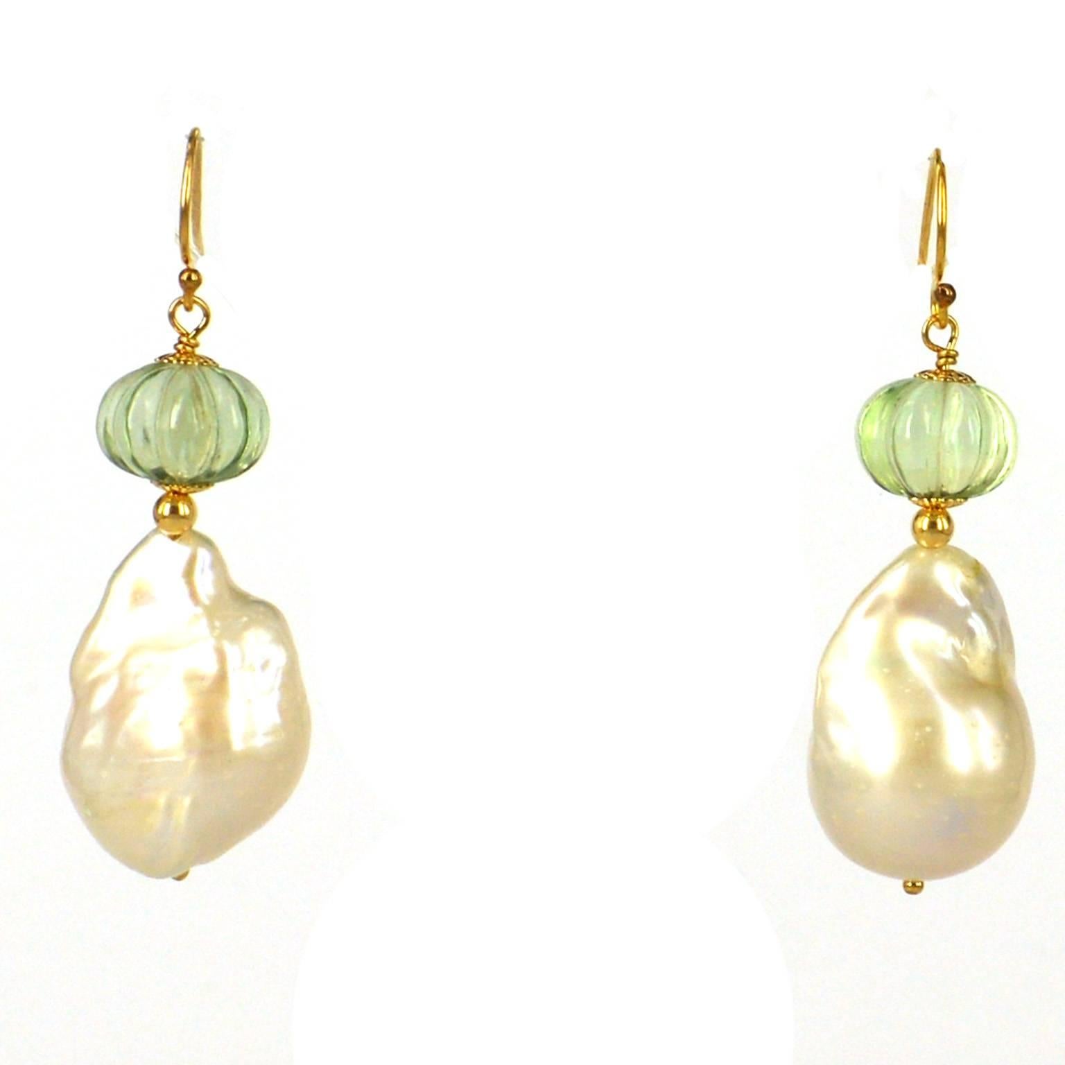 Contemporary Decadent Jewels Carved Green Amethyst Baroque Pearl Gold Earrings