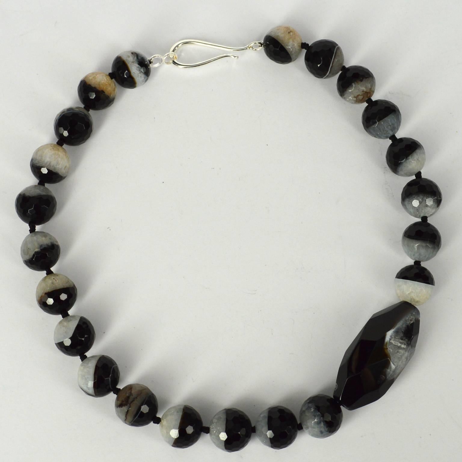 Modern Decadent Jewels Natural Banded Agate Black and White Silver Necklace