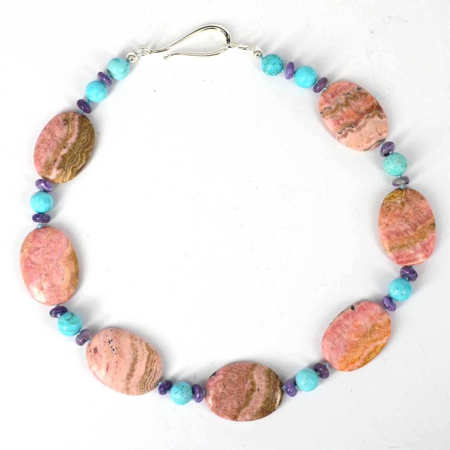 Modern Rhodochrosite Turquoise Charoite Silver Necklace For Sale