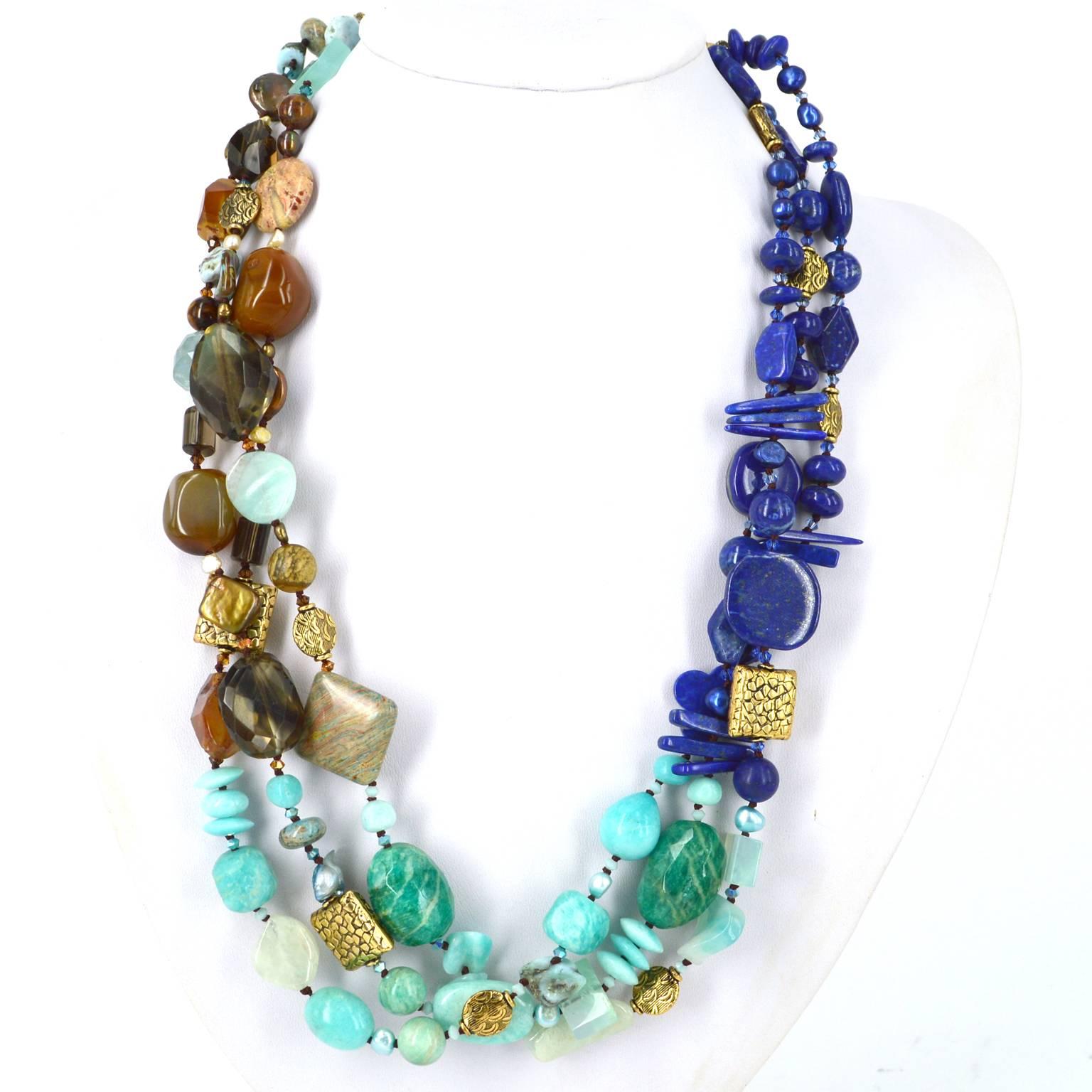 Modern Lapis Lazuli Peruvian Amazonite Smokey Quartz Three Strand Gold Bead Necklace