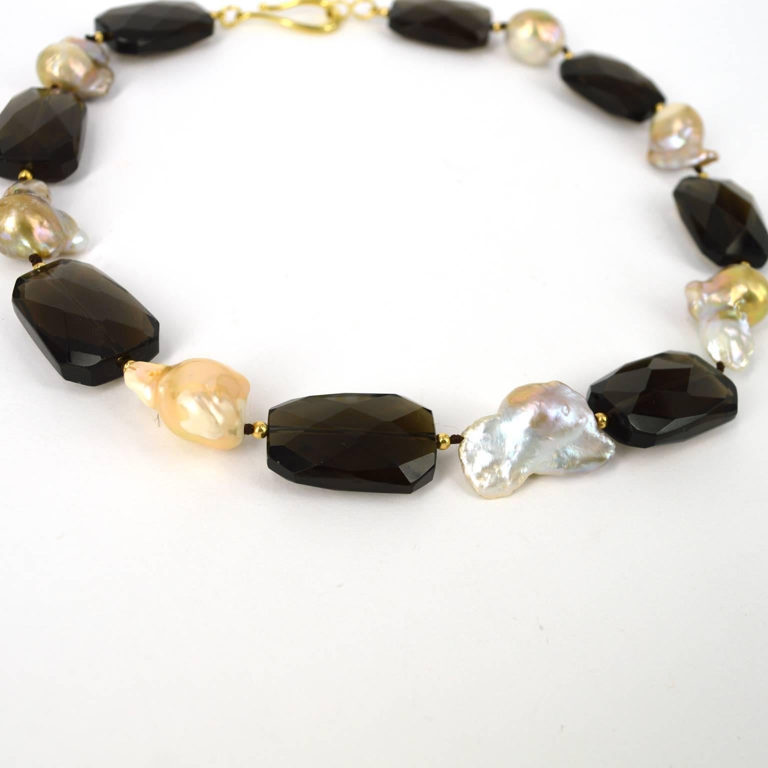 Women's Baroque Pink Pearl Smokey Quartz Gold Bead Necklace