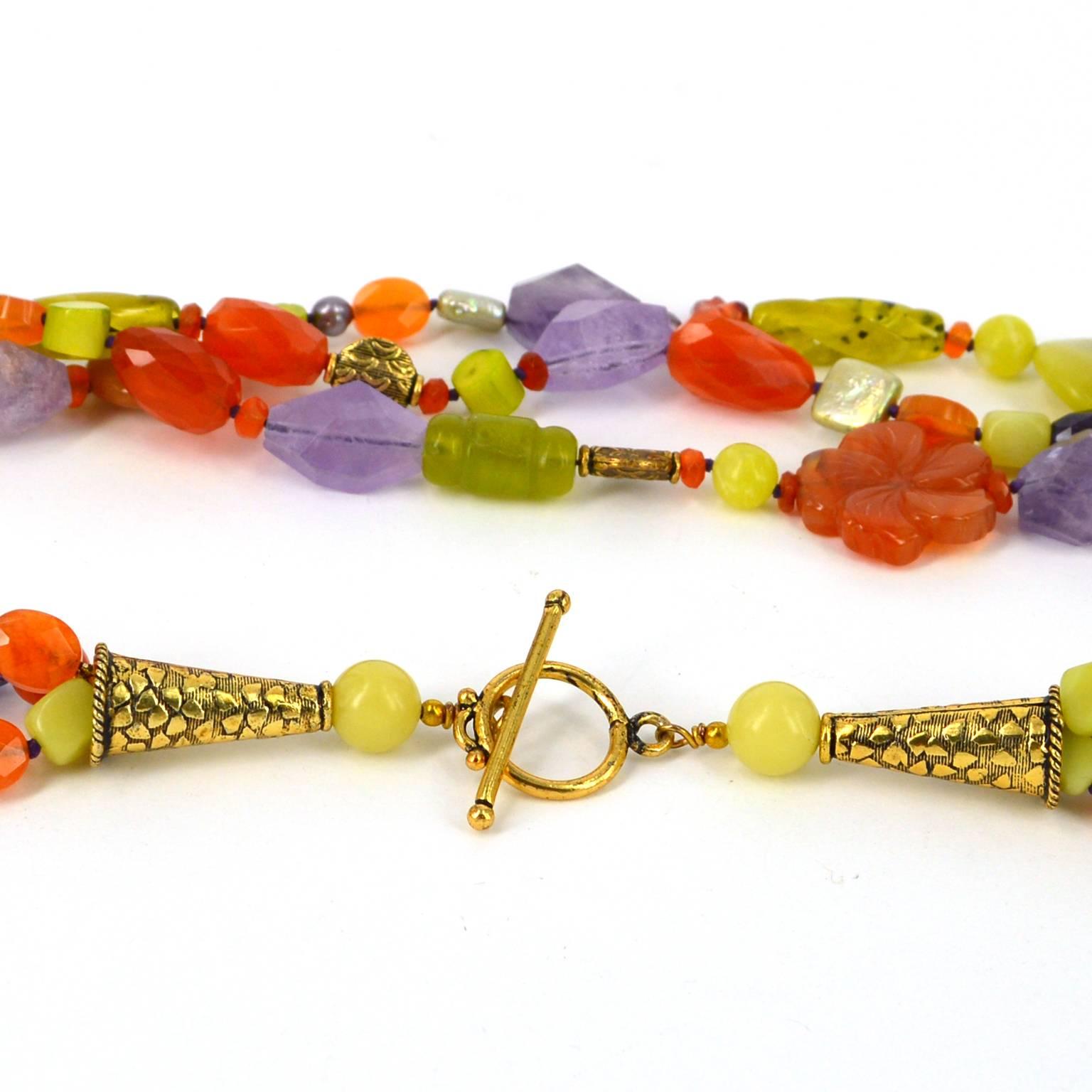 Contemporary Amethyst Carnelian Jade Coral Freshwater Pearl Agate Three Strand Necklace